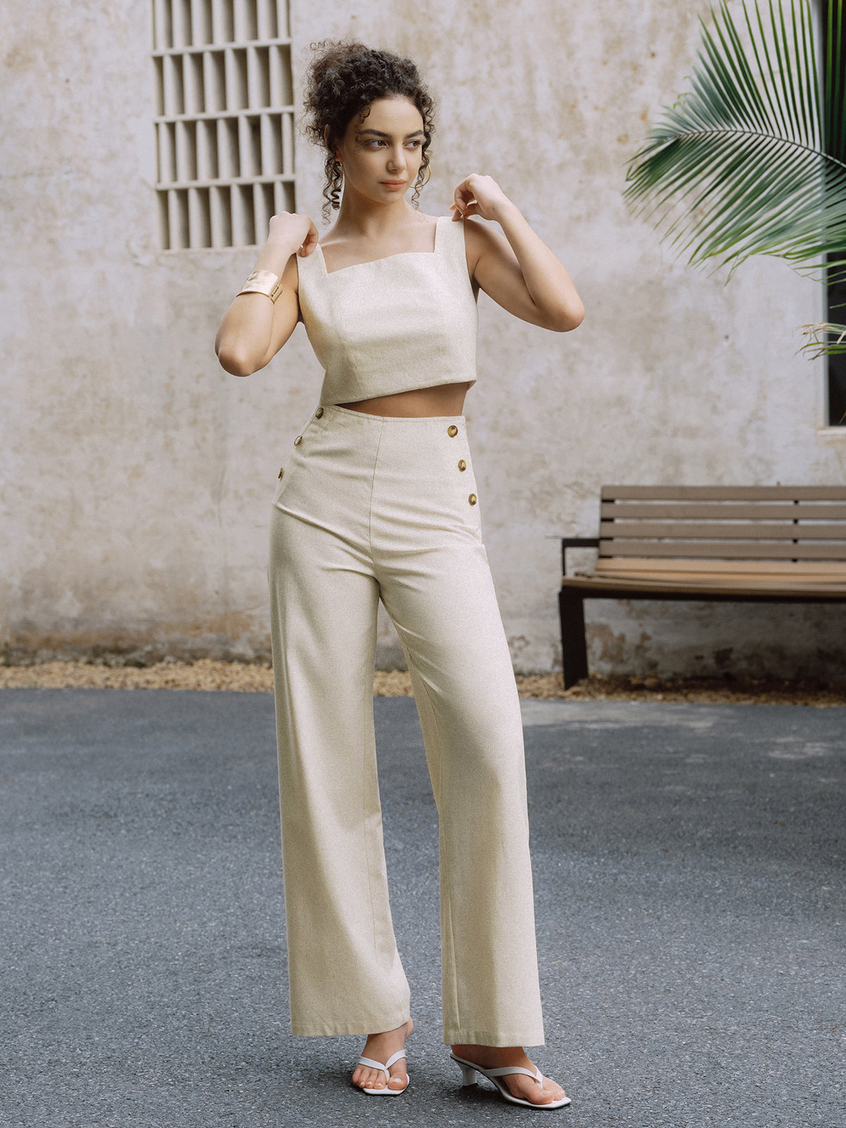 Cotton & Linen Button Decor Tank Top With Straight Leg Pants Set-Chicvia