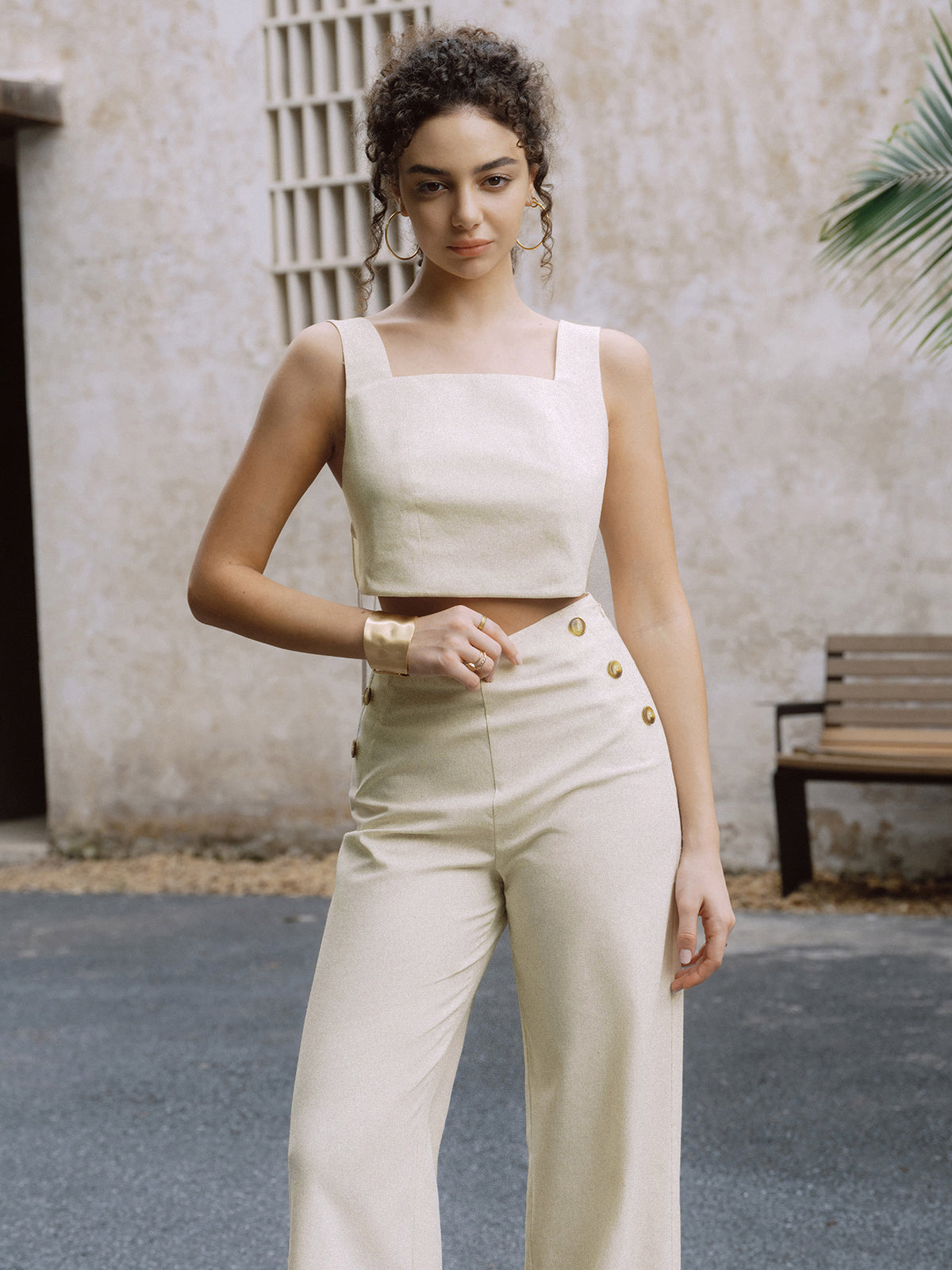 Cotton & Linen Button Decor Tank Top With Straight Leg Pants Set-Chicvia