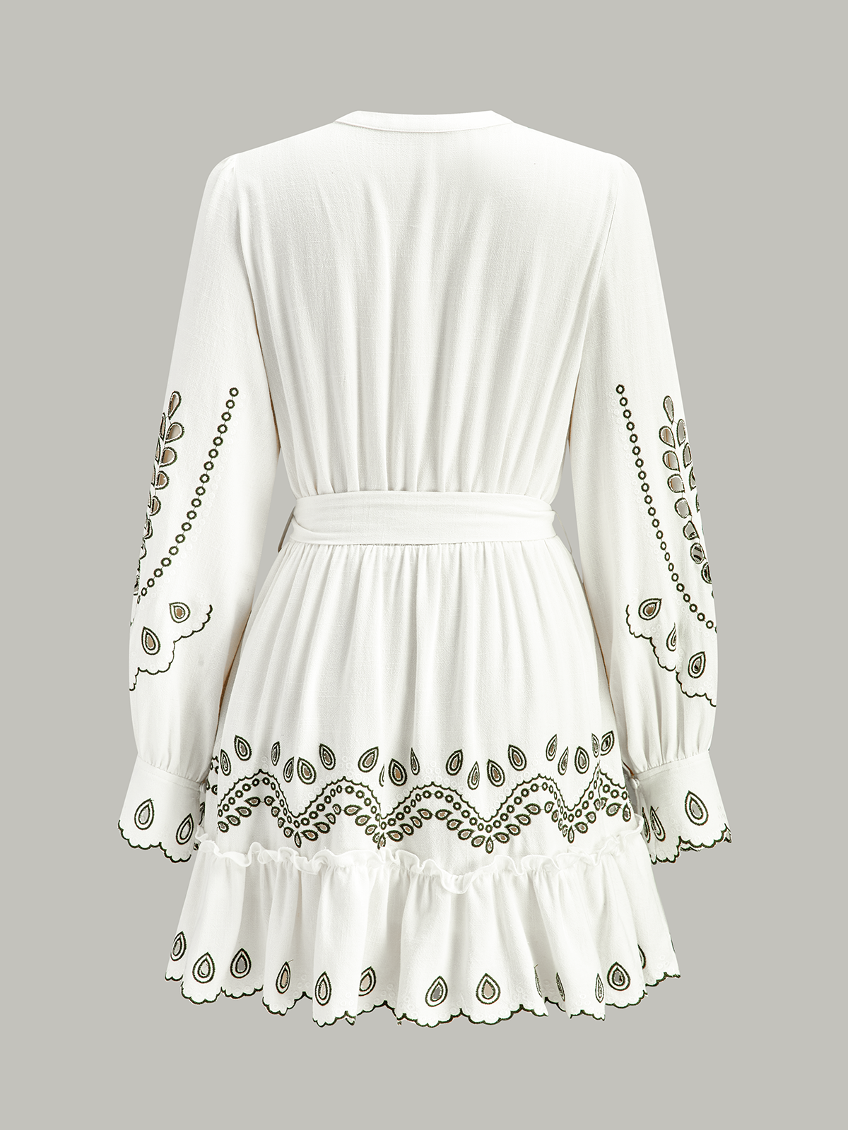 Linen & Cotton Embroidered Belted Mini Dress-Chicvia