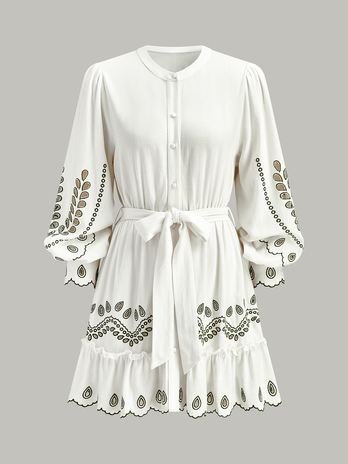 Linen & Cotton Embroidered Belted Mini Dress-Chicvia