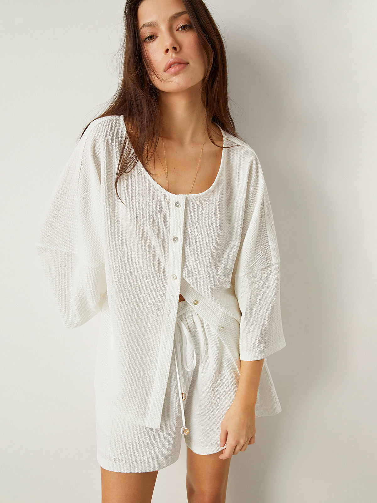 Button-Front Loose-Fit Shorts Set-Chicvia