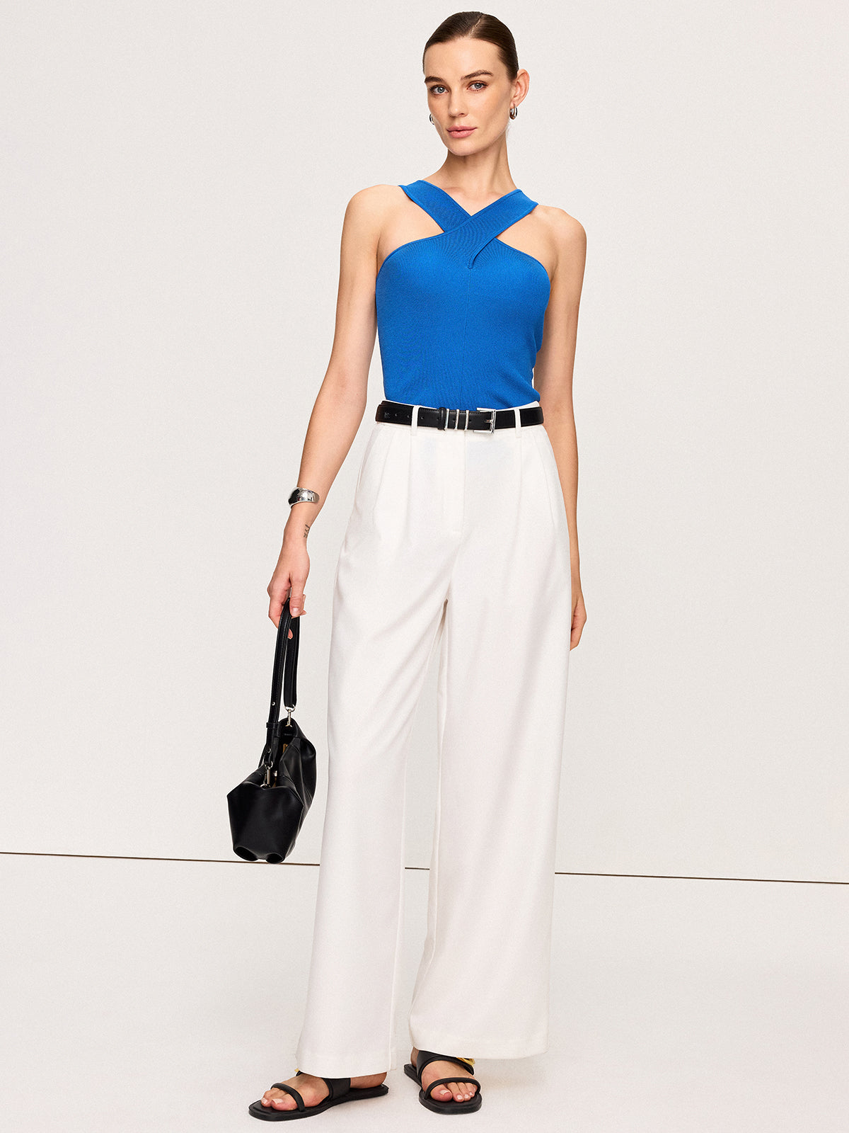 Cross-Over Neckline Knit Top-Chicvia