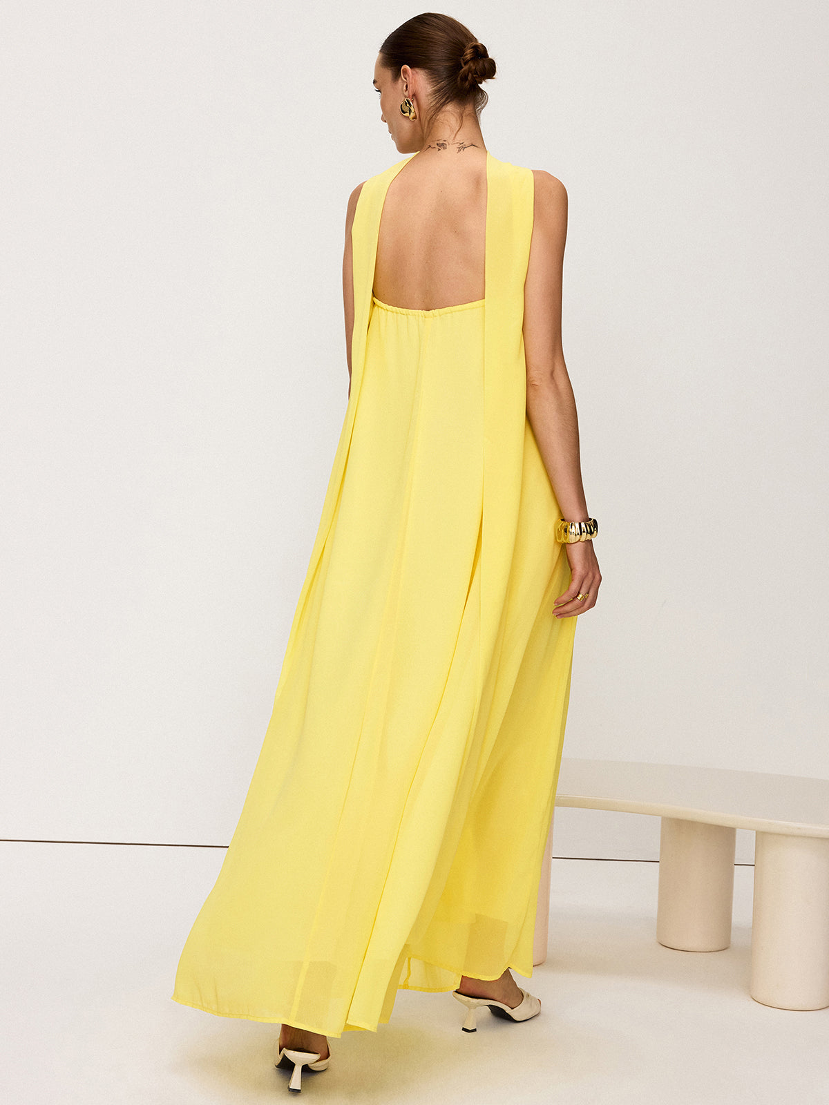 Halter Neck Chiffon Maxi Dress-Chicvia