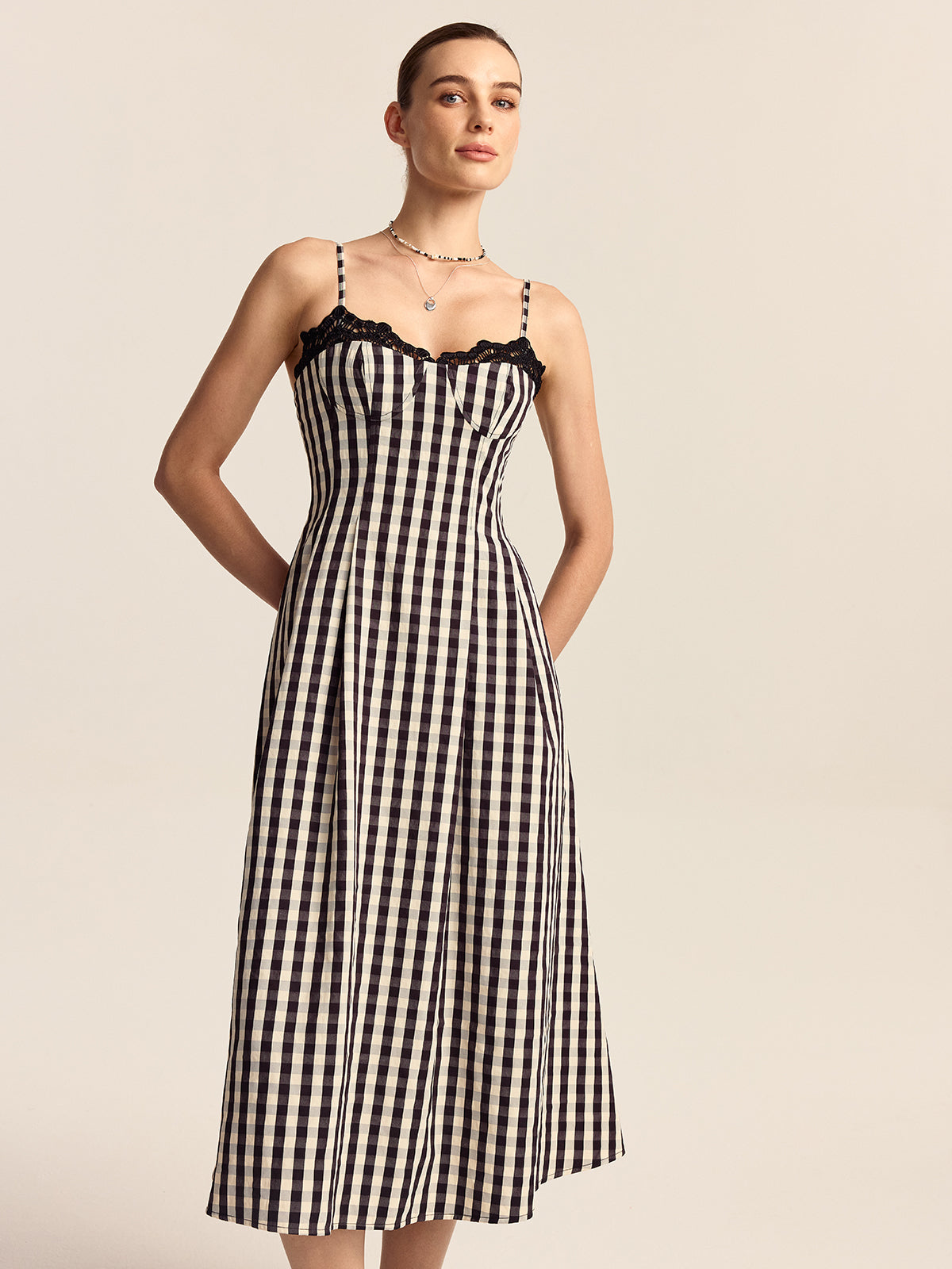 Gingham Spaghetti Strap Midi Dress with Lace Trim-Chicvia