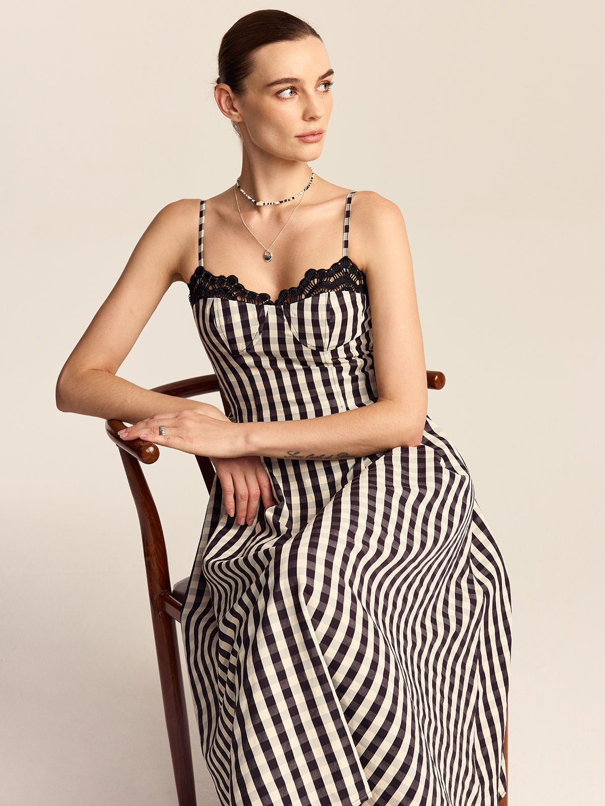 Gingham Spaghetti Strap Midi Dress with Lace Trim-Chicvia