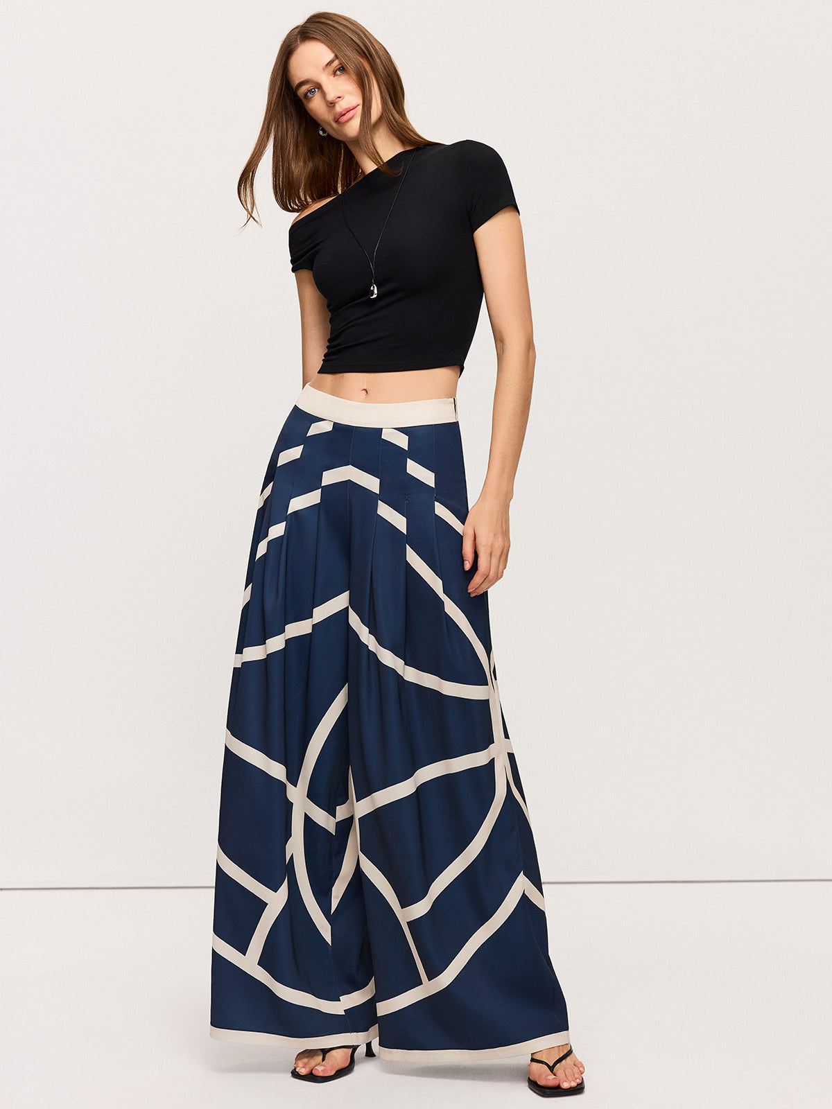 High-Waisted Wide-Leg Striped Pants-Chicvia