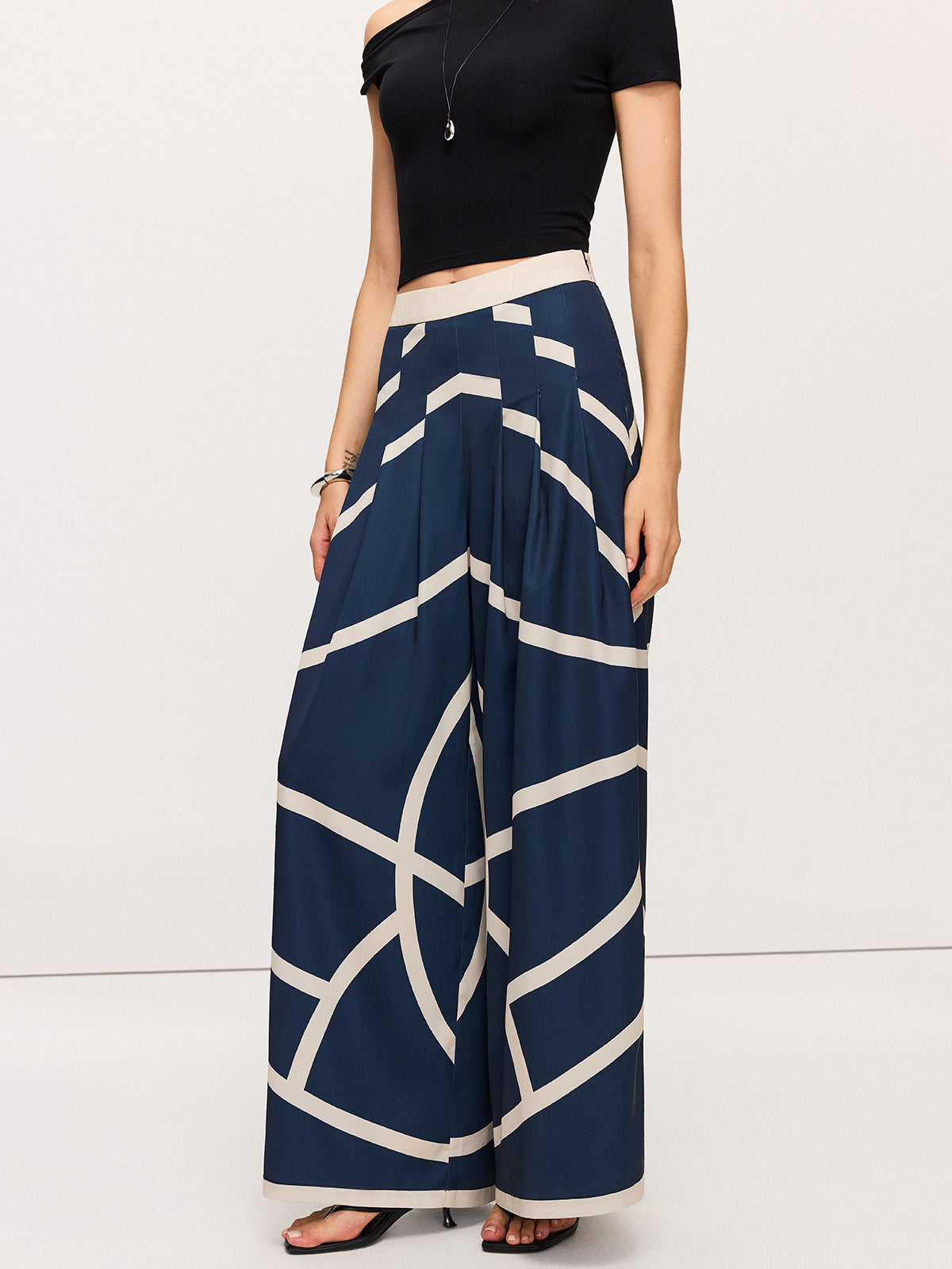High-Waisted Wide-Leg Striped Pants-Chicvia