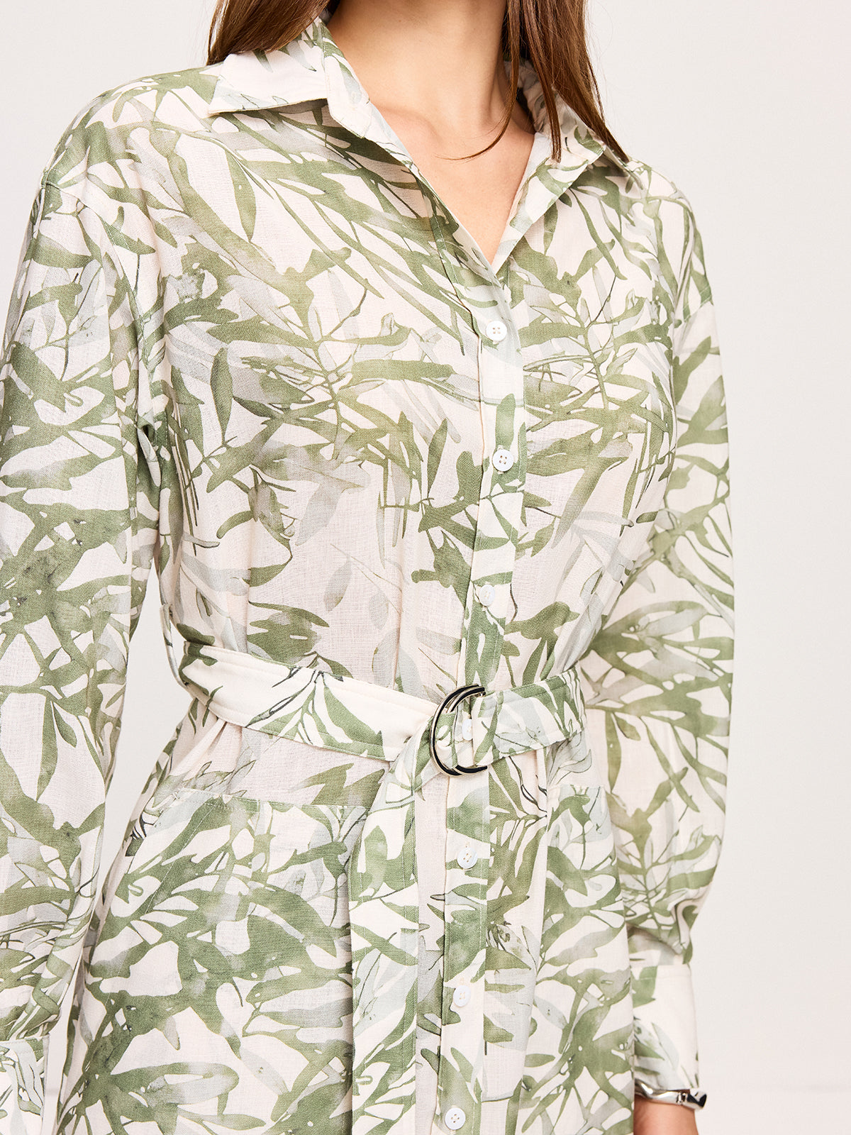 Leaf Printed  Belted Midi Dress with Slits-Chicvia