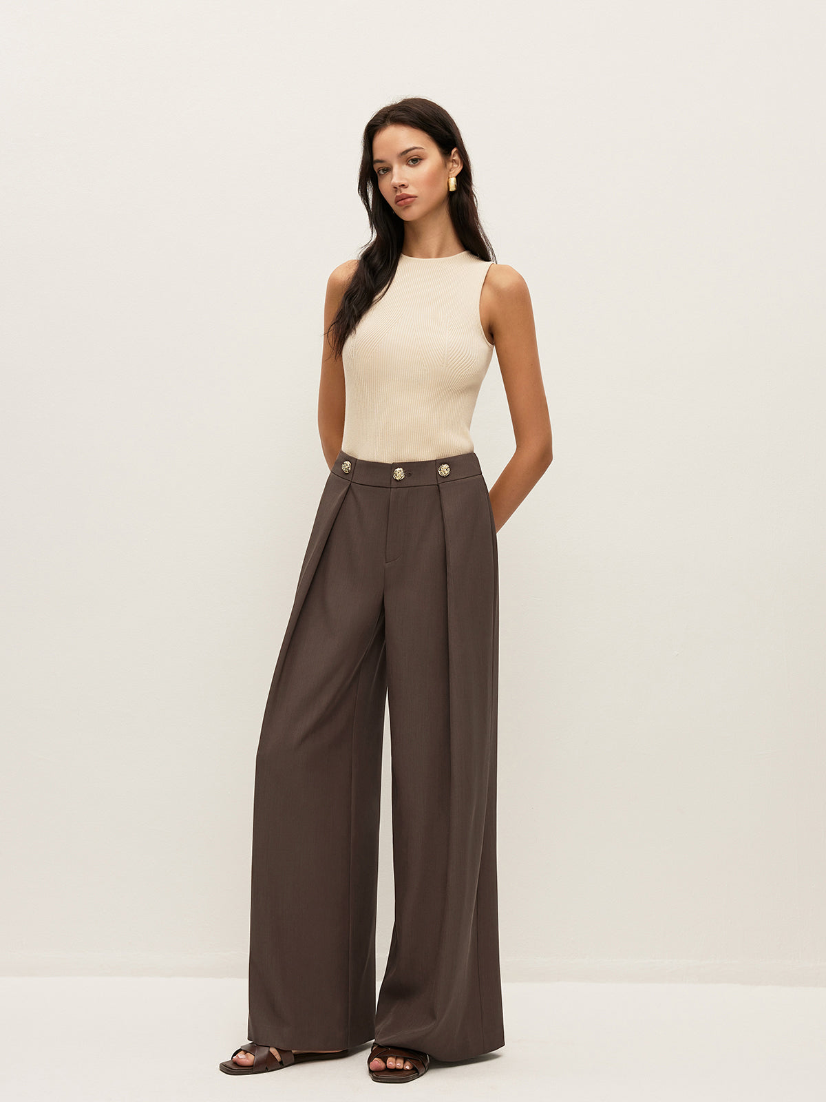 Mid-Waist Metal Detail Pleated Pants-Chicvia