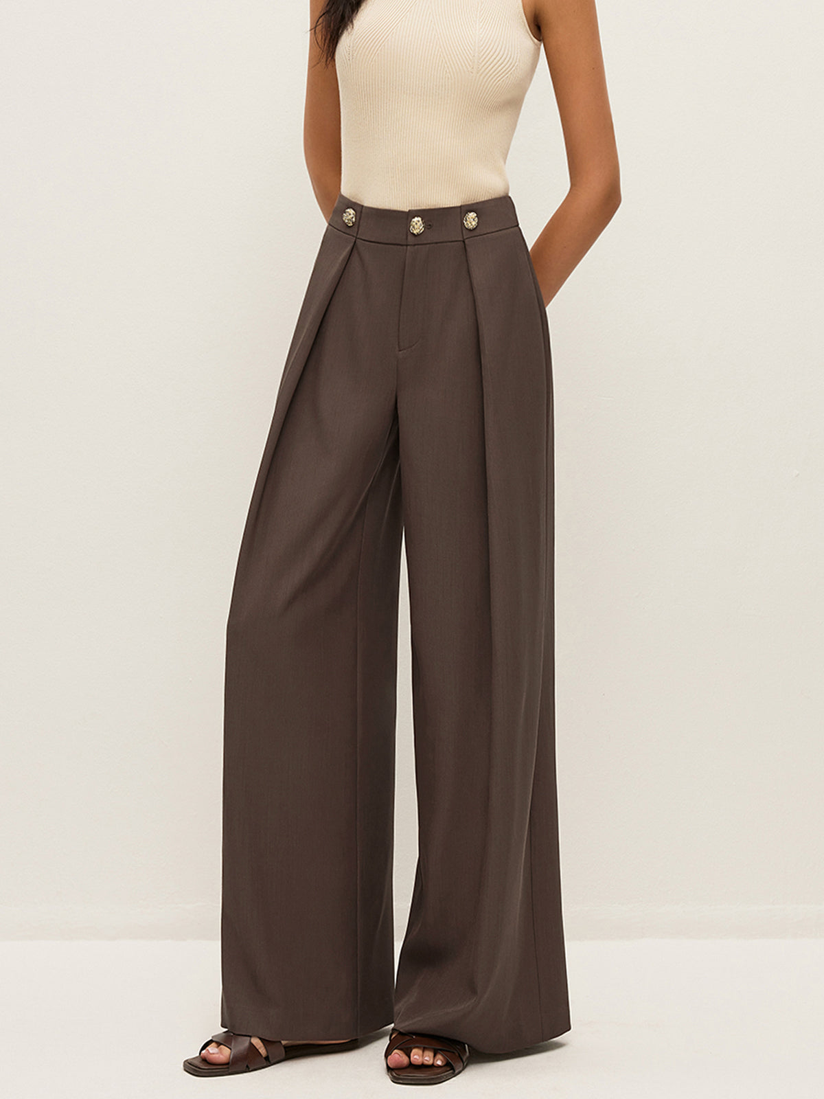Mid-Waist Metal Detail Pleated Pants-Chicvia