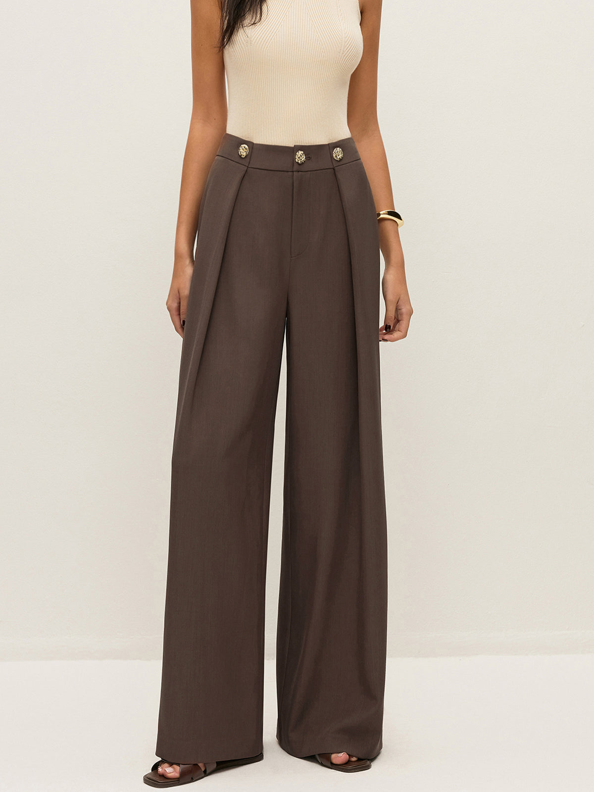 Mid-Waist Metal Detail Pleated Pants-Chicvia