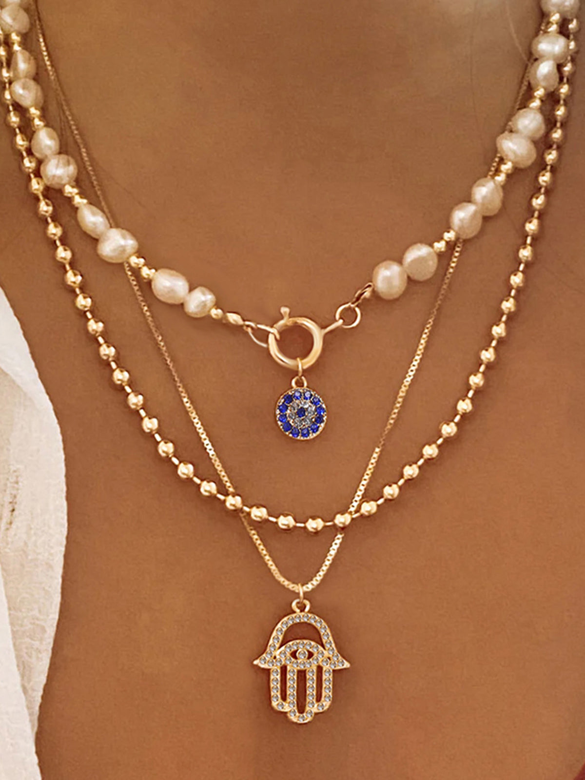 Pearl & Hamsa Hand Multi-Layer Necklace Set-Chicvia