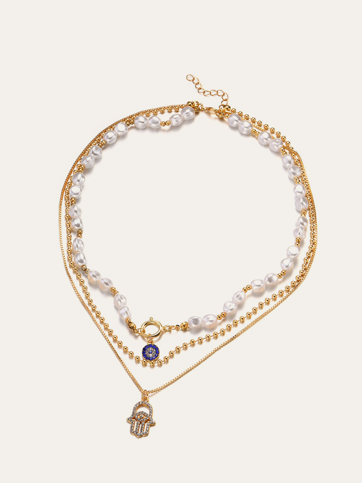 Pearl & Hamsa Hand Multi-Layer Necklace Set-Chicvia