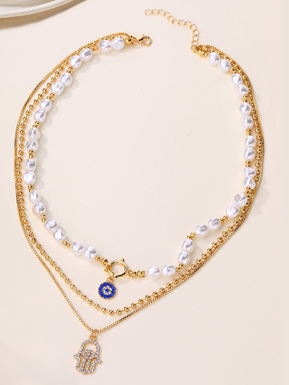 Pearl & Hamsa Hand Multi-Layer Necklace Set-Chicvia
