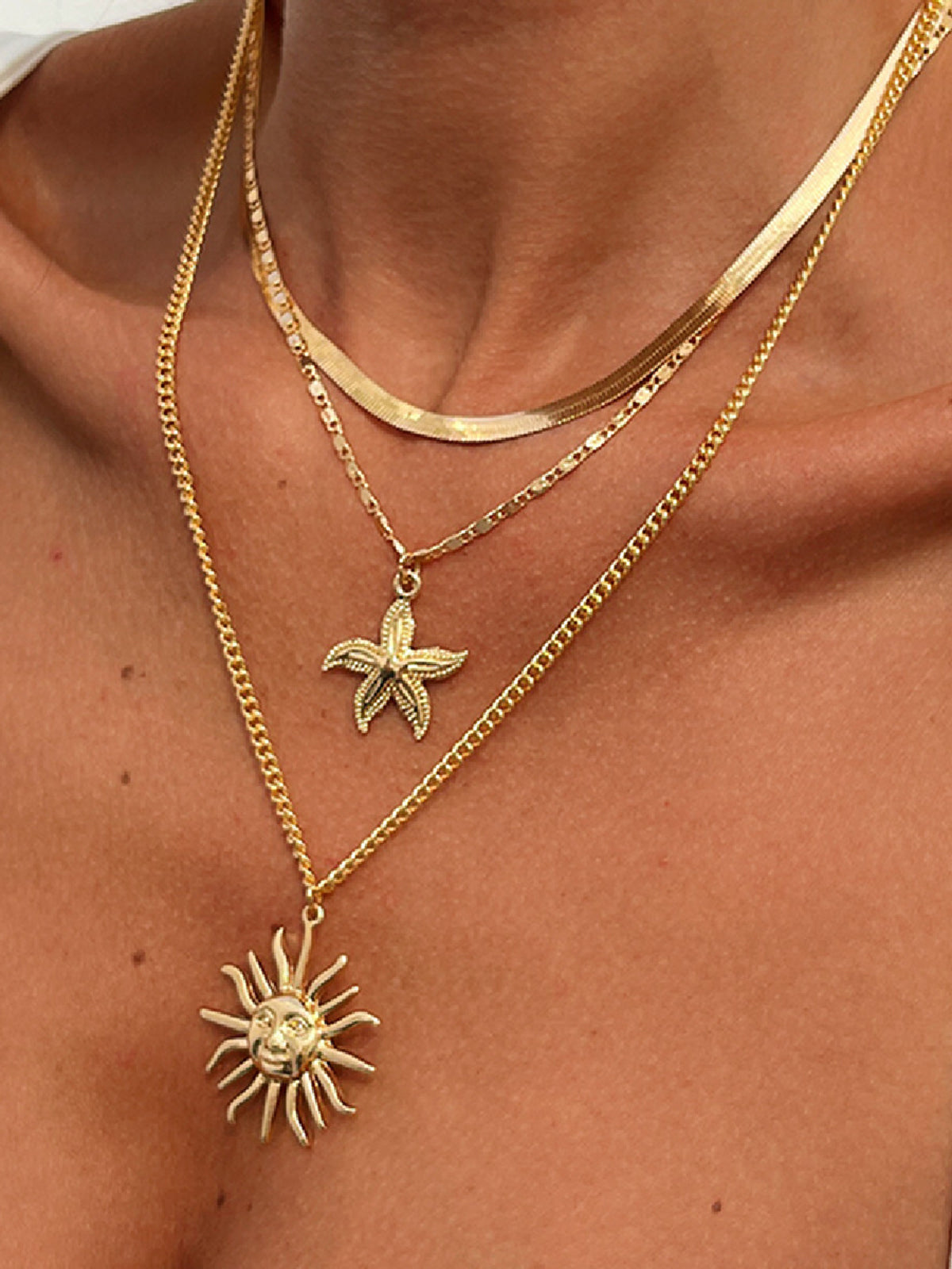 Multi-Layered Gold Sun And Starfish Necklace Set-Chicvia