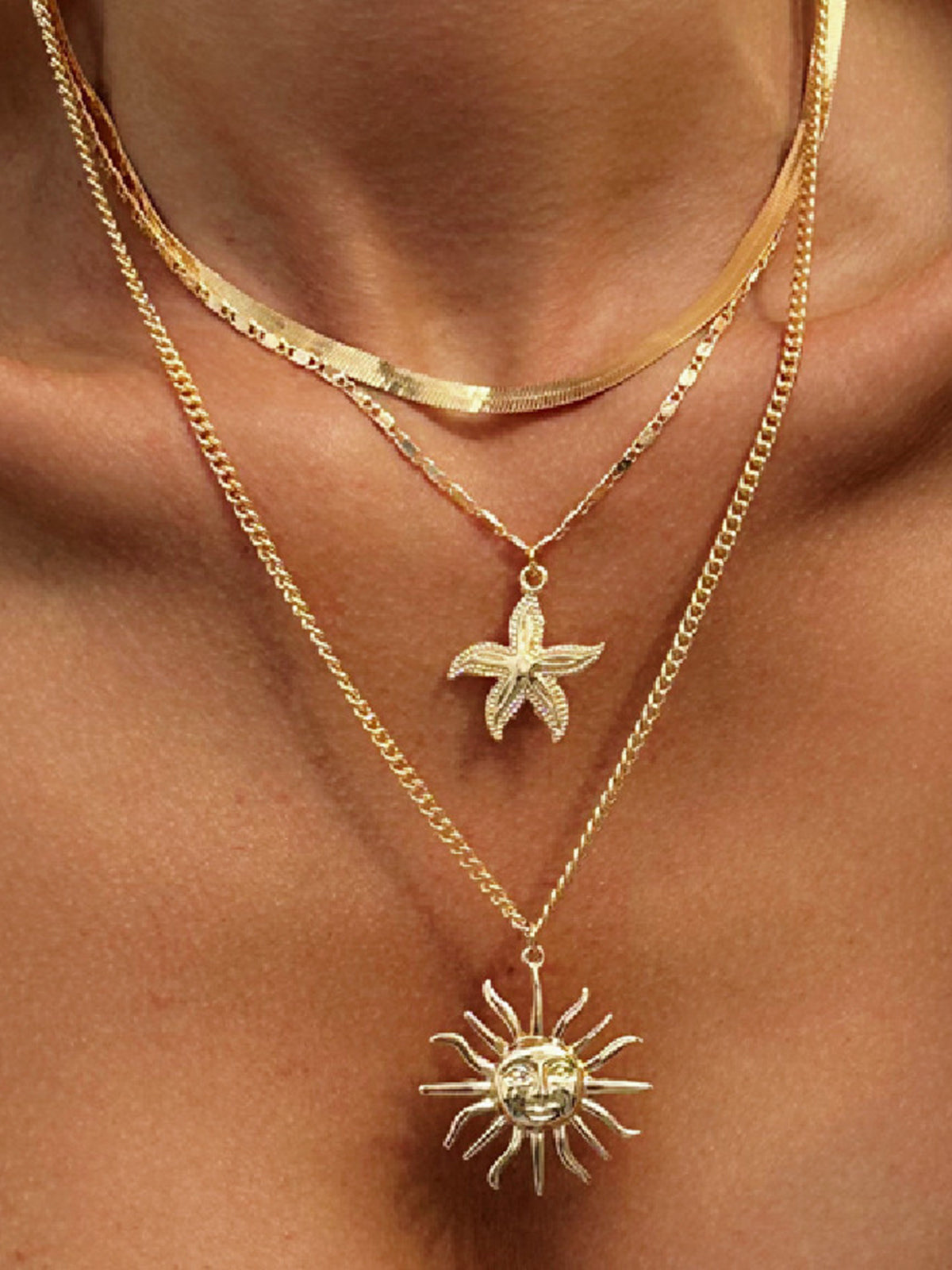 Multi-Layered Gold Sun And Starfish Necklace Set-Chicvia