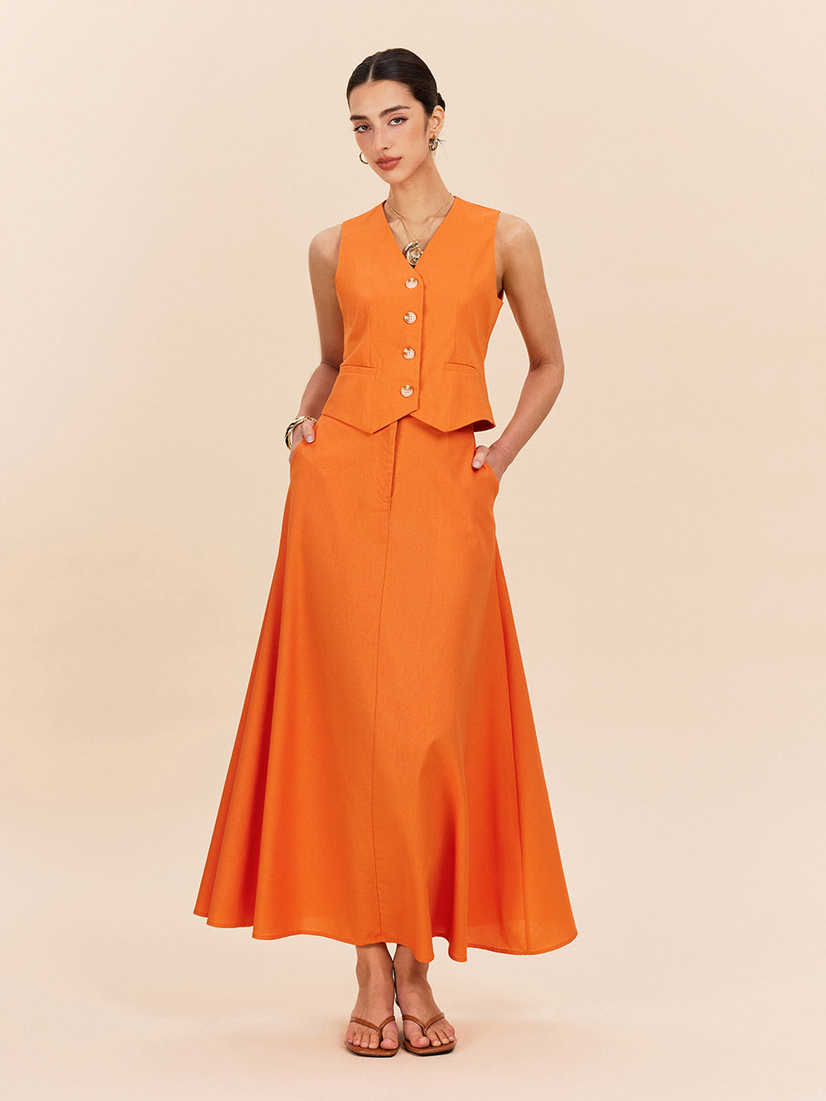 Cotton & Linen Pocket Detail Skirt Set-Chicvia