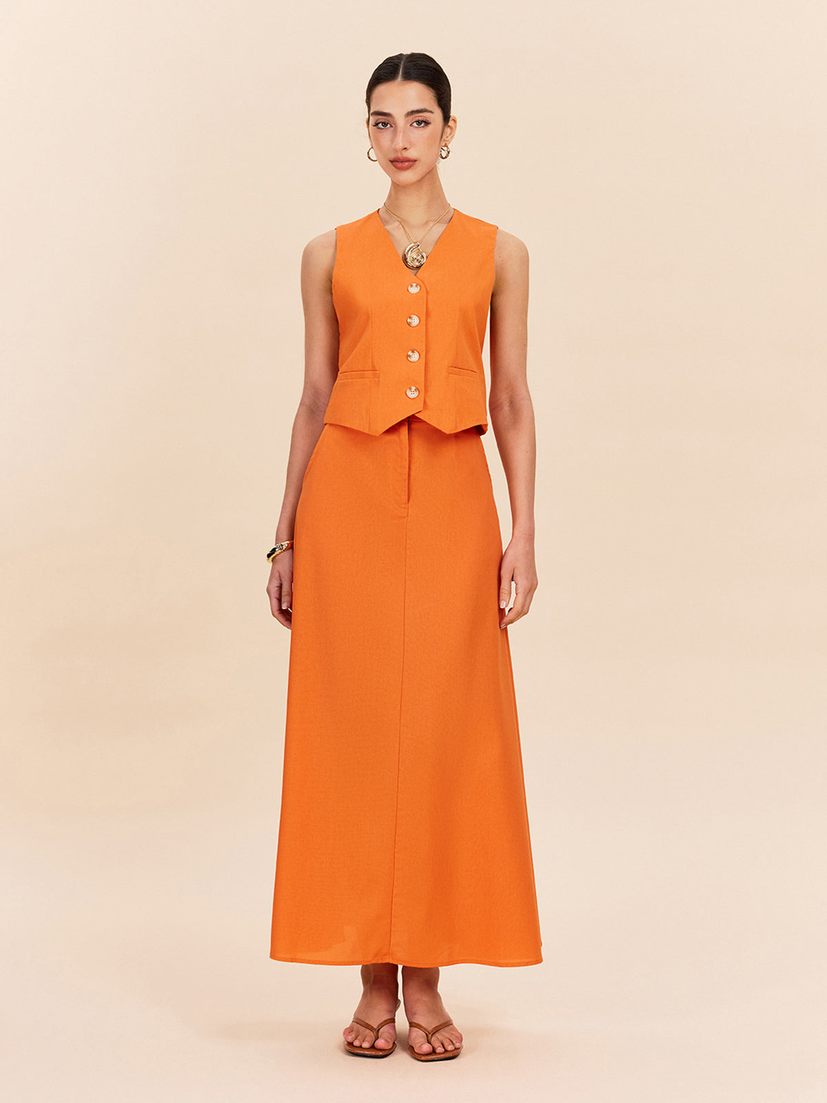 Cotton & Linen Pocket Detail Skirt Set-Chicvia