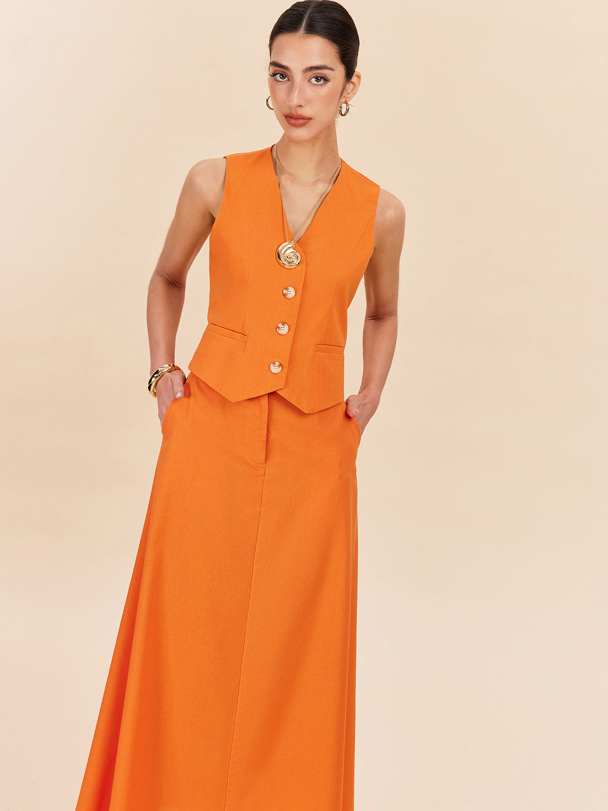 Cotton & Linen Pocket Detail Skirt Set-Chicvia