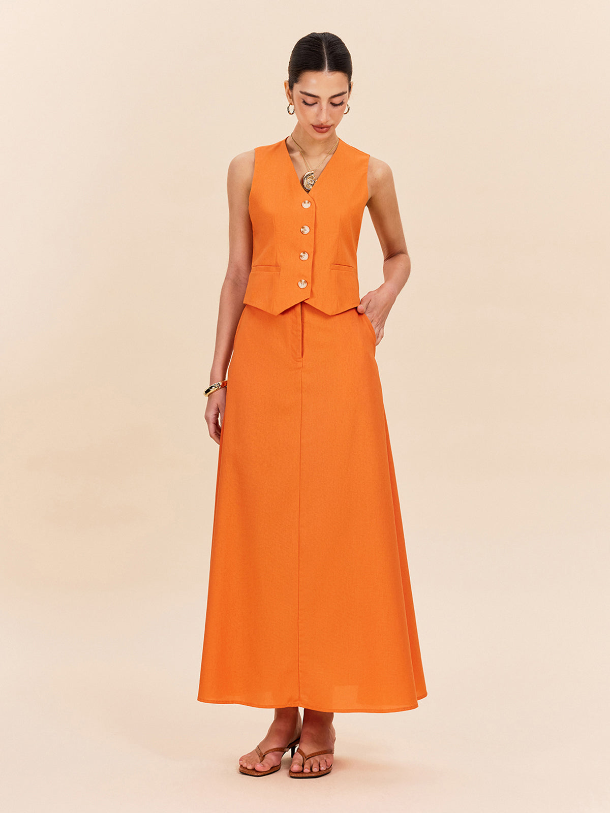 Cotton & Linen Pocket Detail Skirt Set-Chicvia