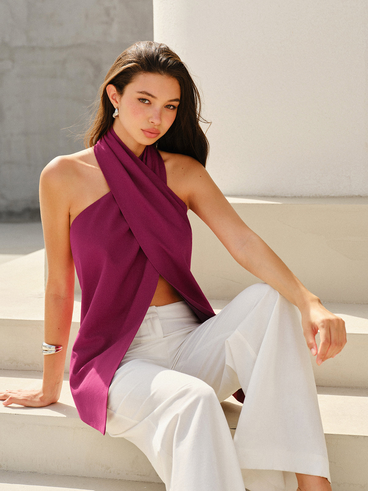 Halter-Style Cross-Neckline Backless Top-Chicvia