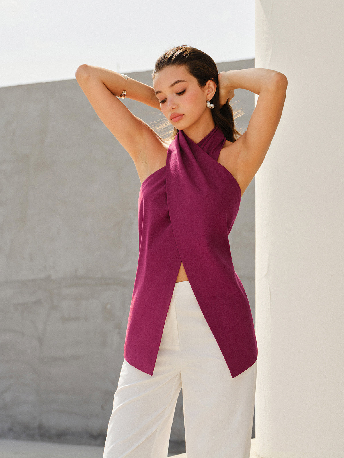 Halter-Style Cross-Neckline Backless Top-Chicvia