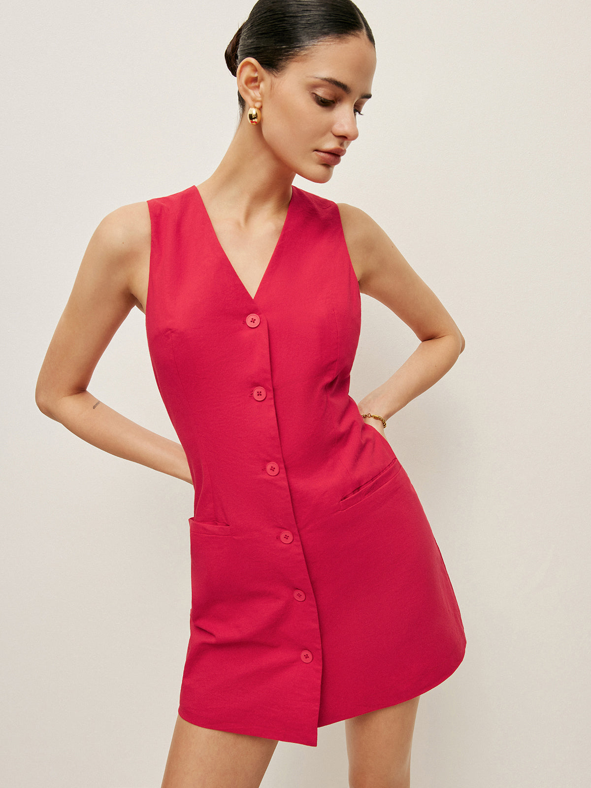 Cotton Buttoned Pockets Dress-Chicvia