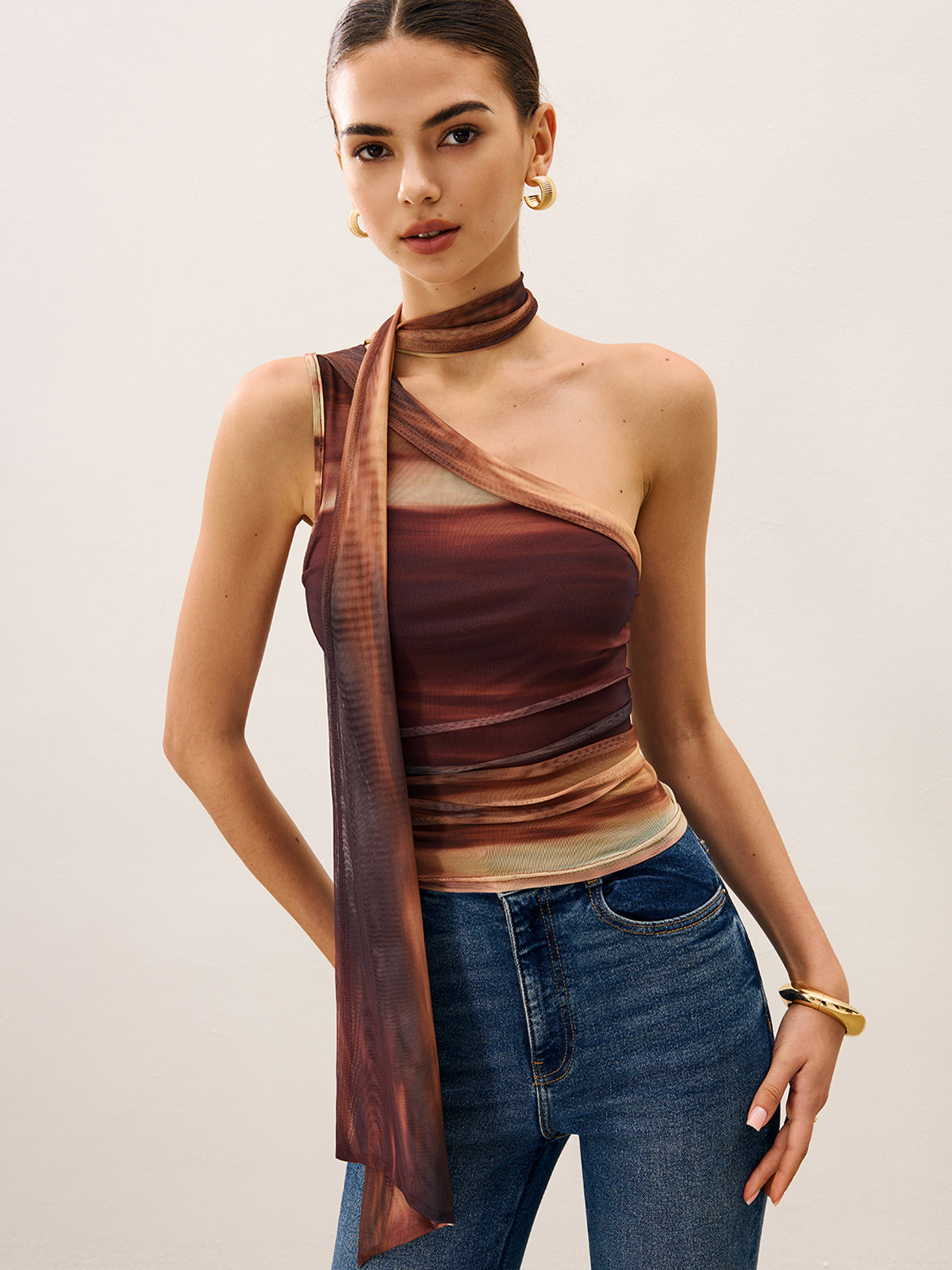 Dradient Top With Scarf-Detail-Chicvia