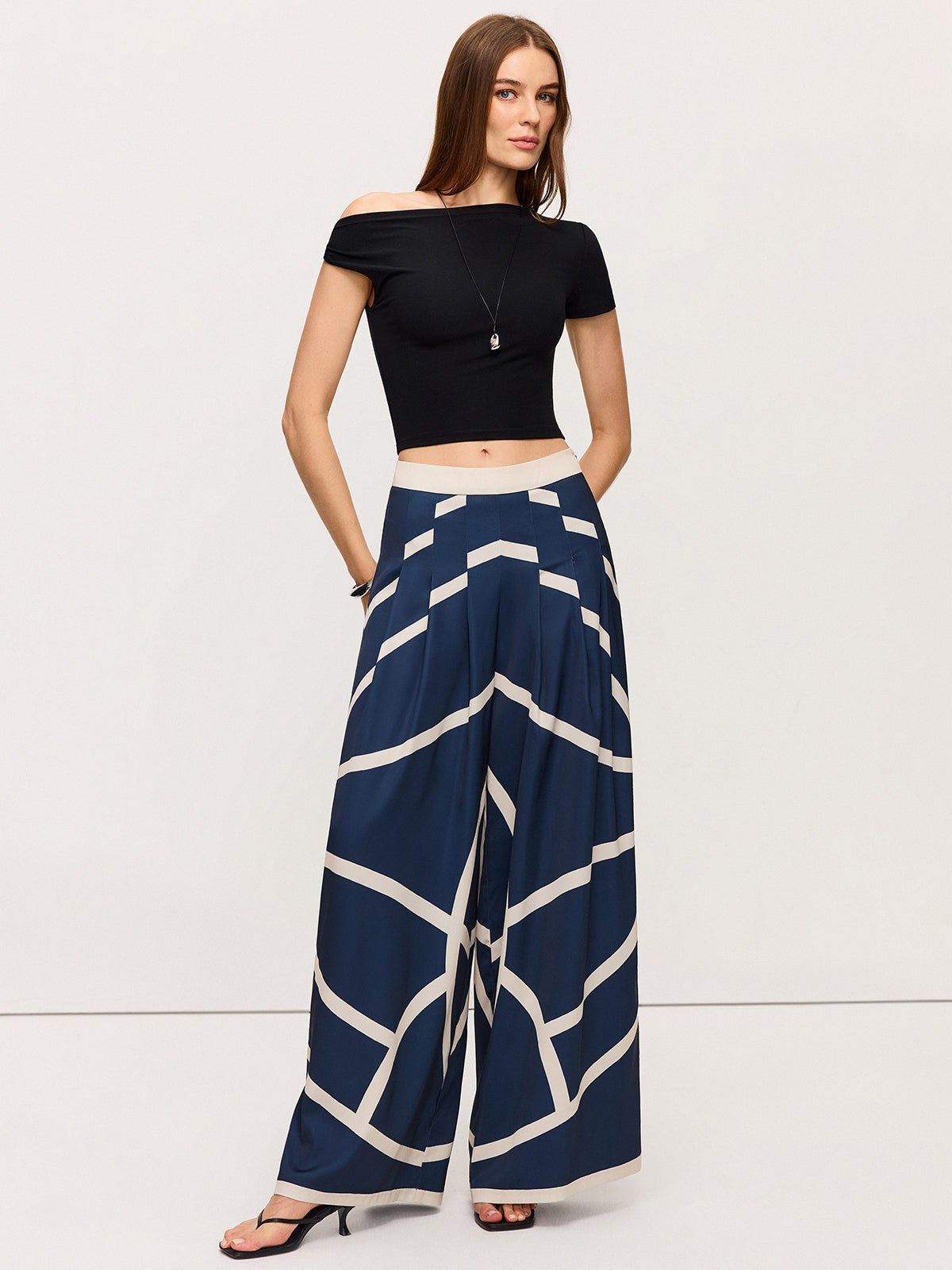 High-Waisted Wide-Leg Striped Pants-Chicvia