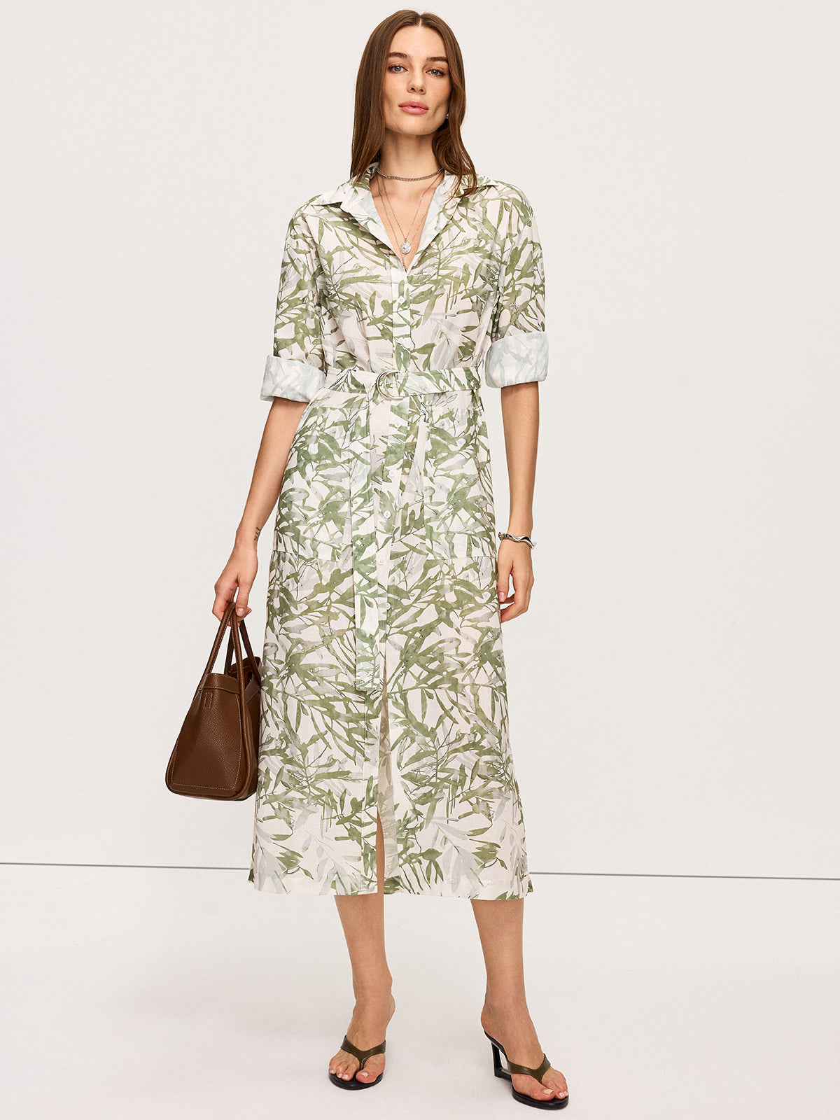 Leaf Printed  Belted Midi Dress with Slits-Chicvia