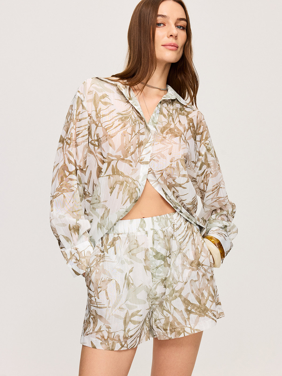 Leaf Printed Shorts Set-Chicvia