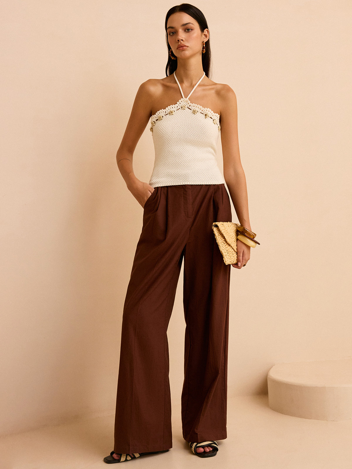 Crochet Halter Top with Floral Trim-Chicvia