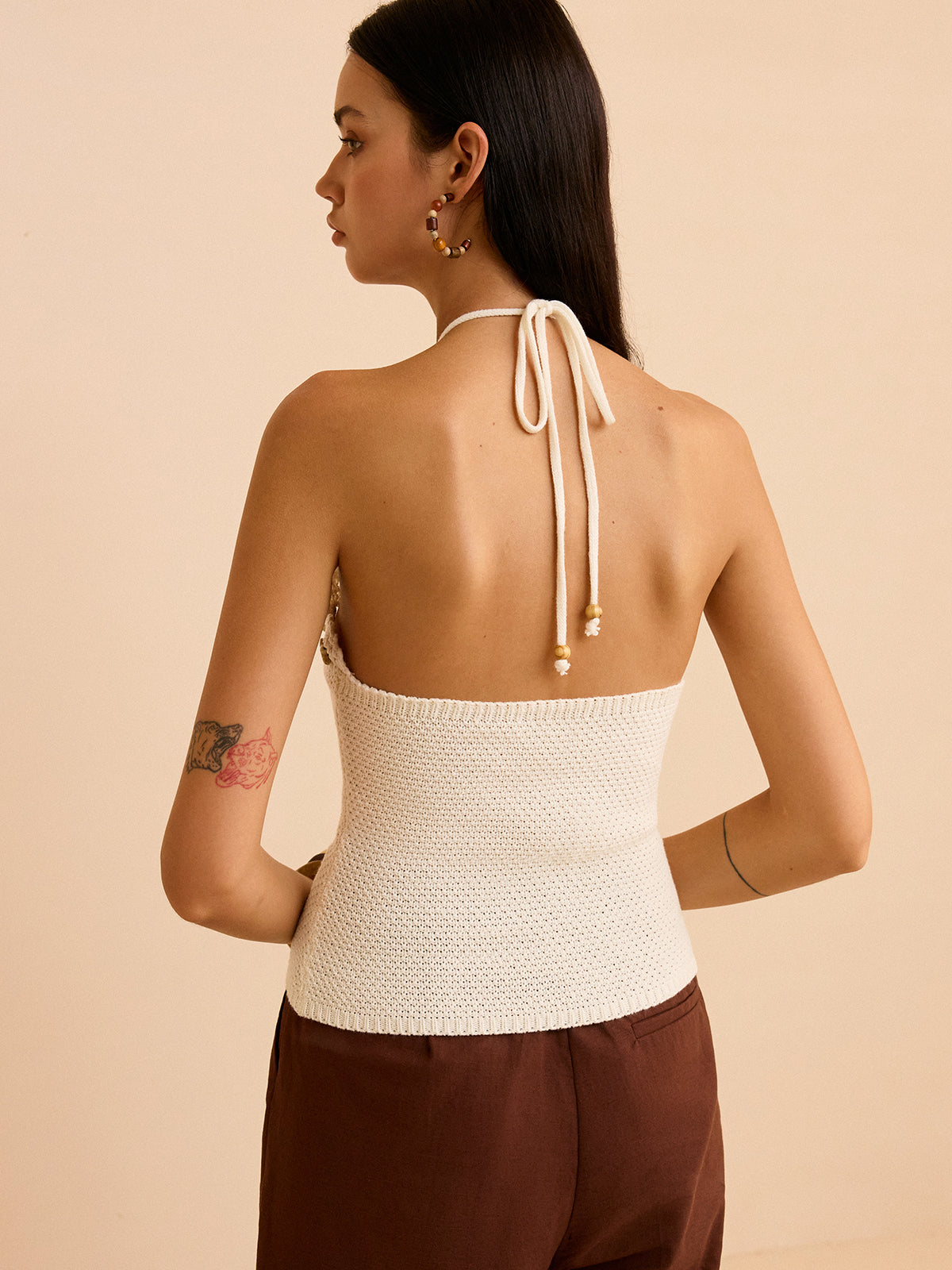 Crochet Halter Top with Floral Trim-Chicvia