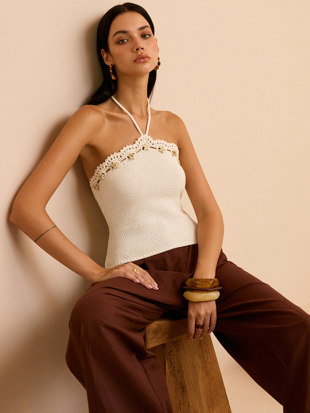 Crochet Halter Top with Floral Trim-Chicvia