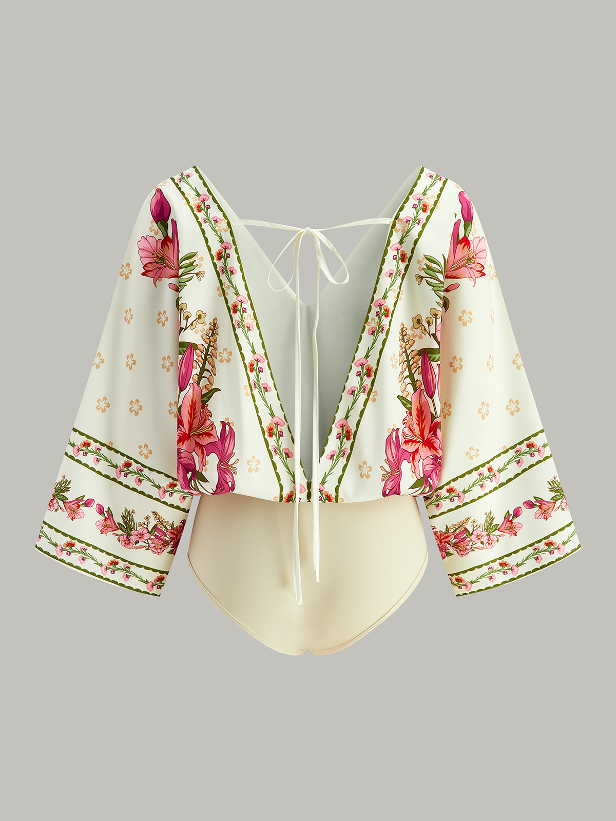 Floral Print V-Neck Tie-Back Bodysuit-Chicvia