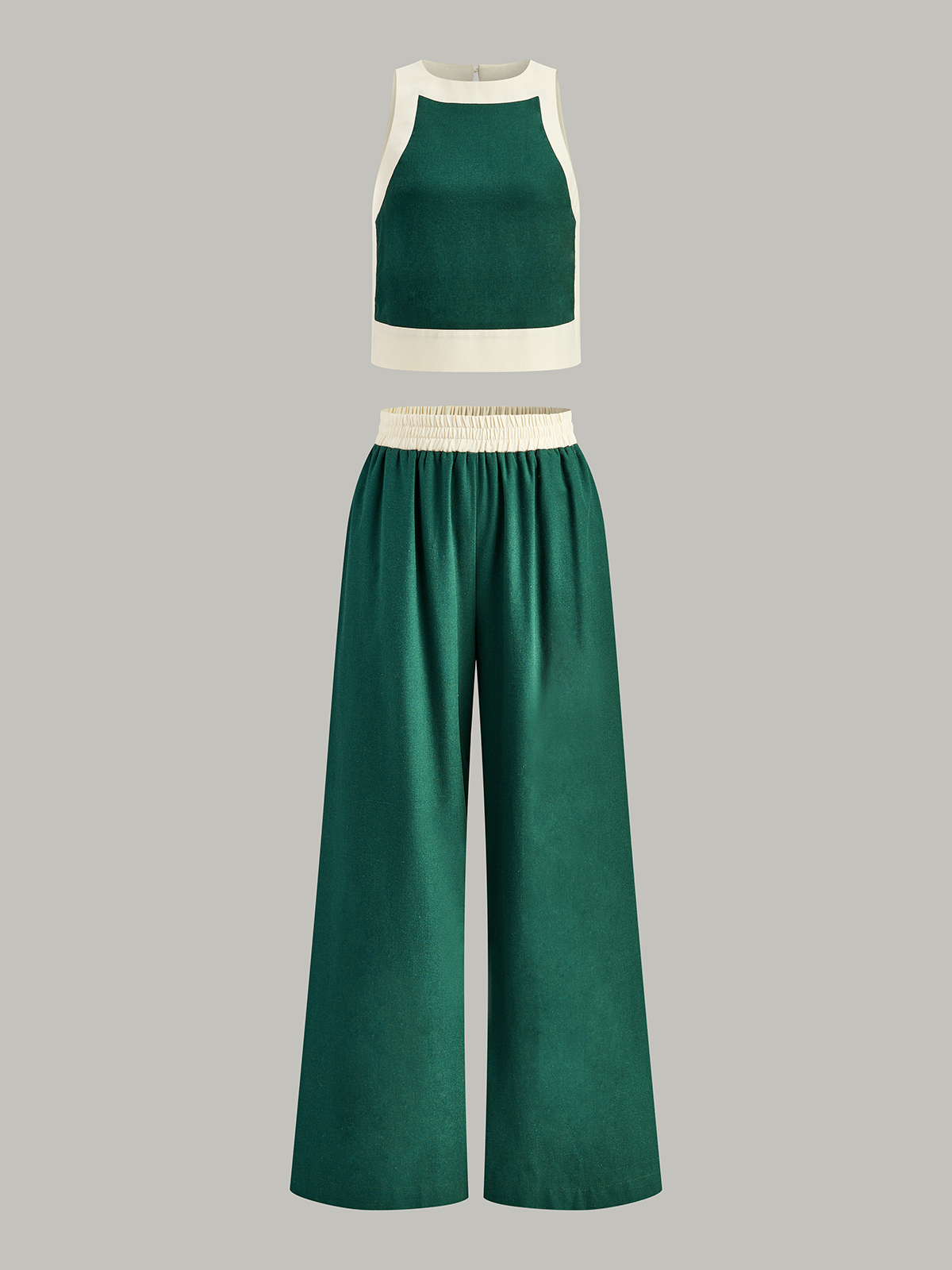 Contrast Trim Crop Top and Wide-Leg Pants Set-Chicvia