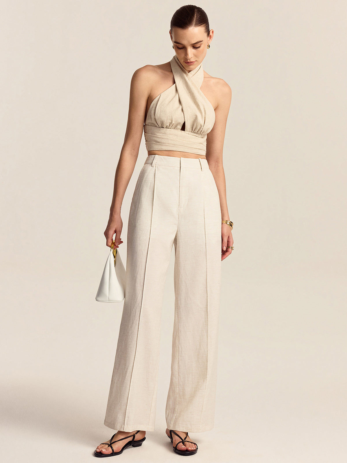 Linen & Cotton Halter Crop Top-Chicvia