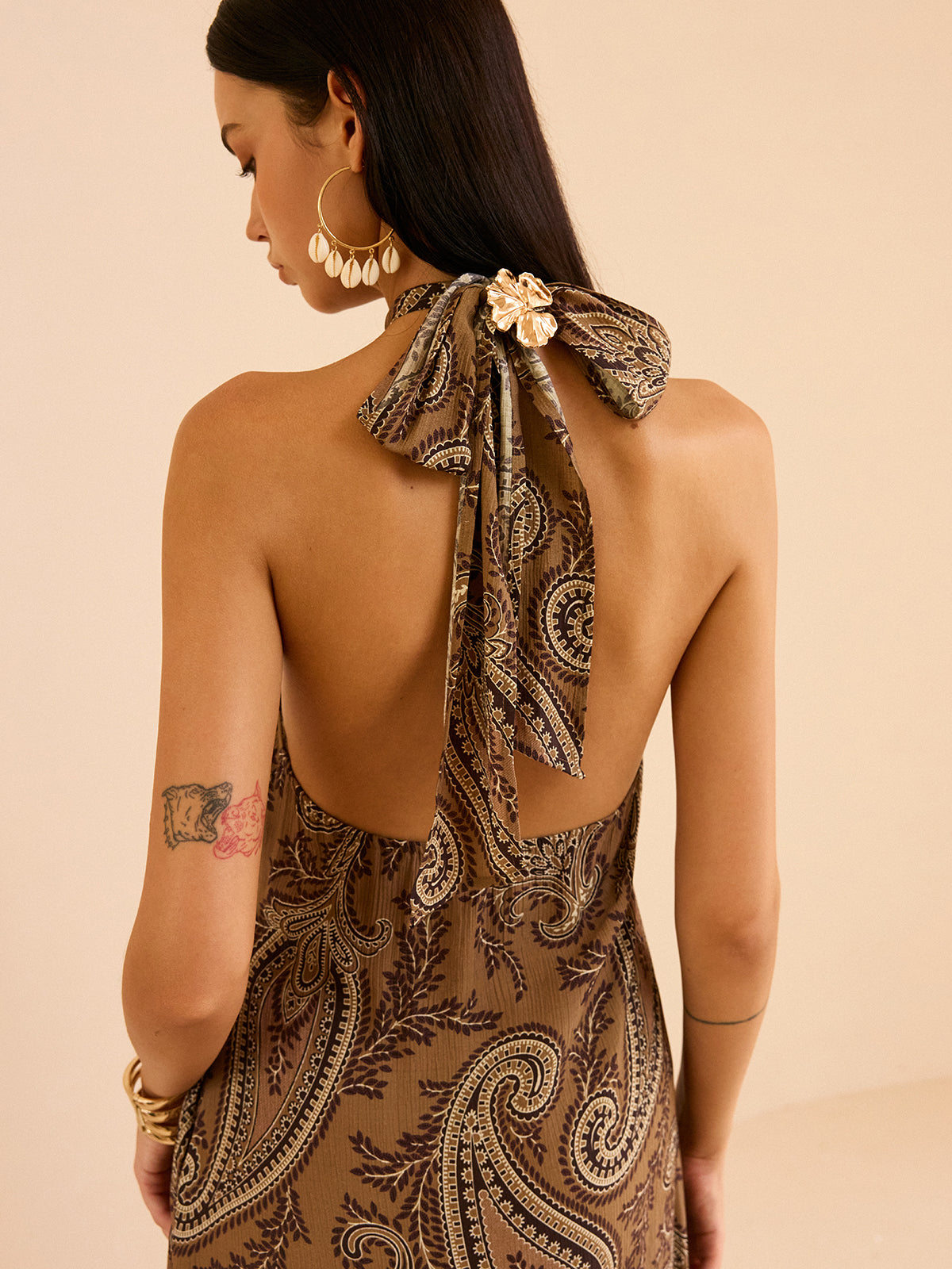 Paisley Print Halter Backless Maxi Dress-Chicvia
