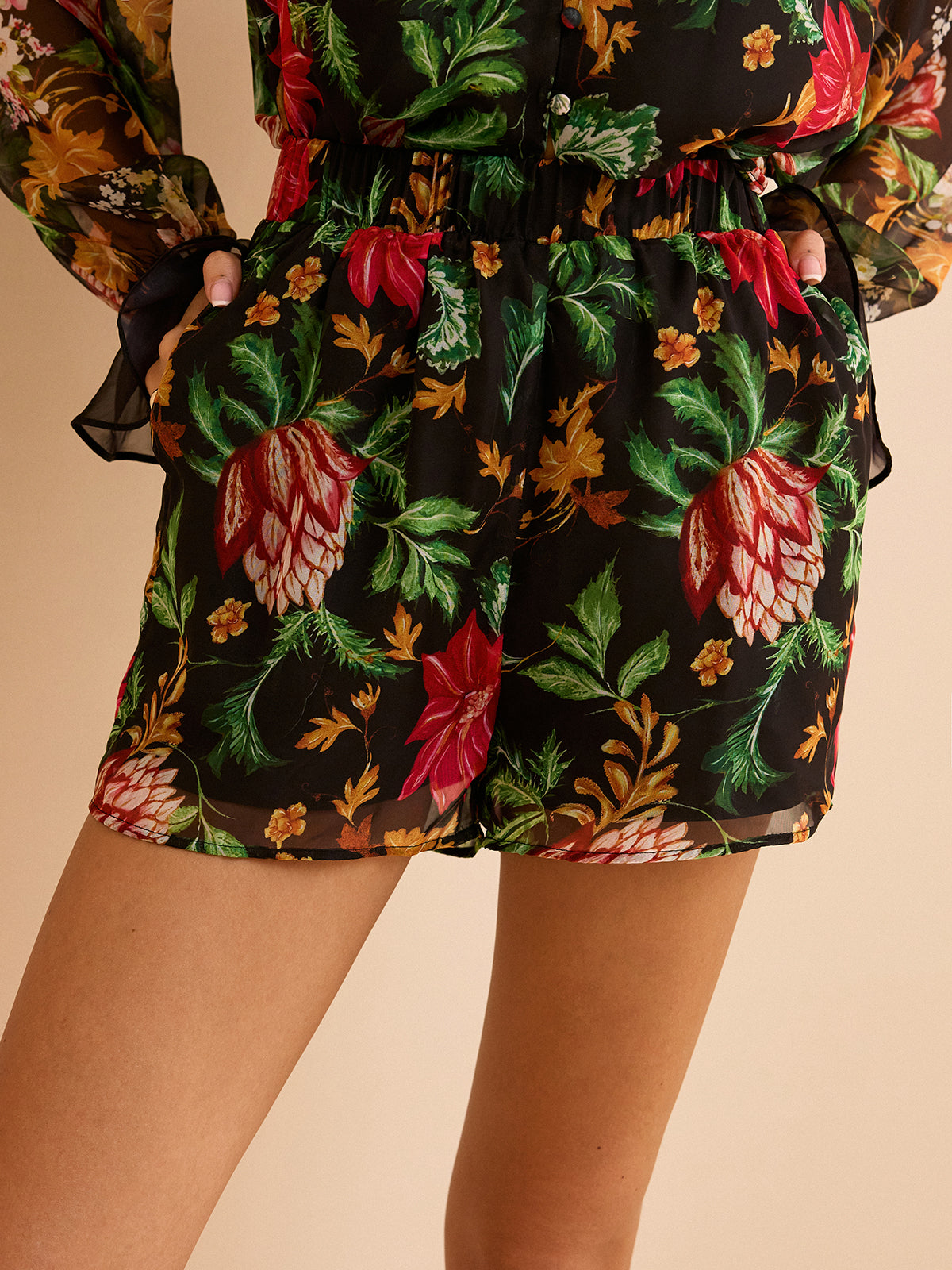 Chiffon Floral Print Elastic Waist Shorts-Chicvia