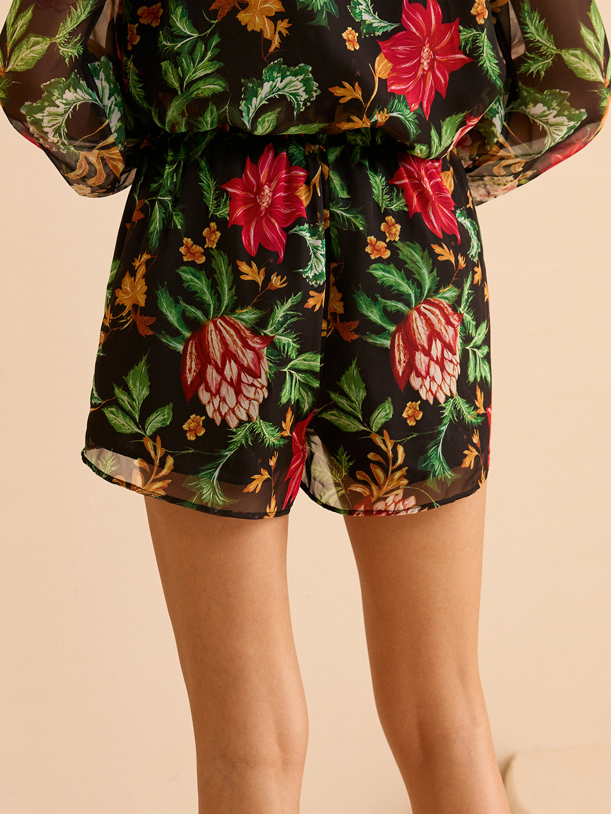 Chiffon Floral Print Elastic Waist Shorts-Chicvia