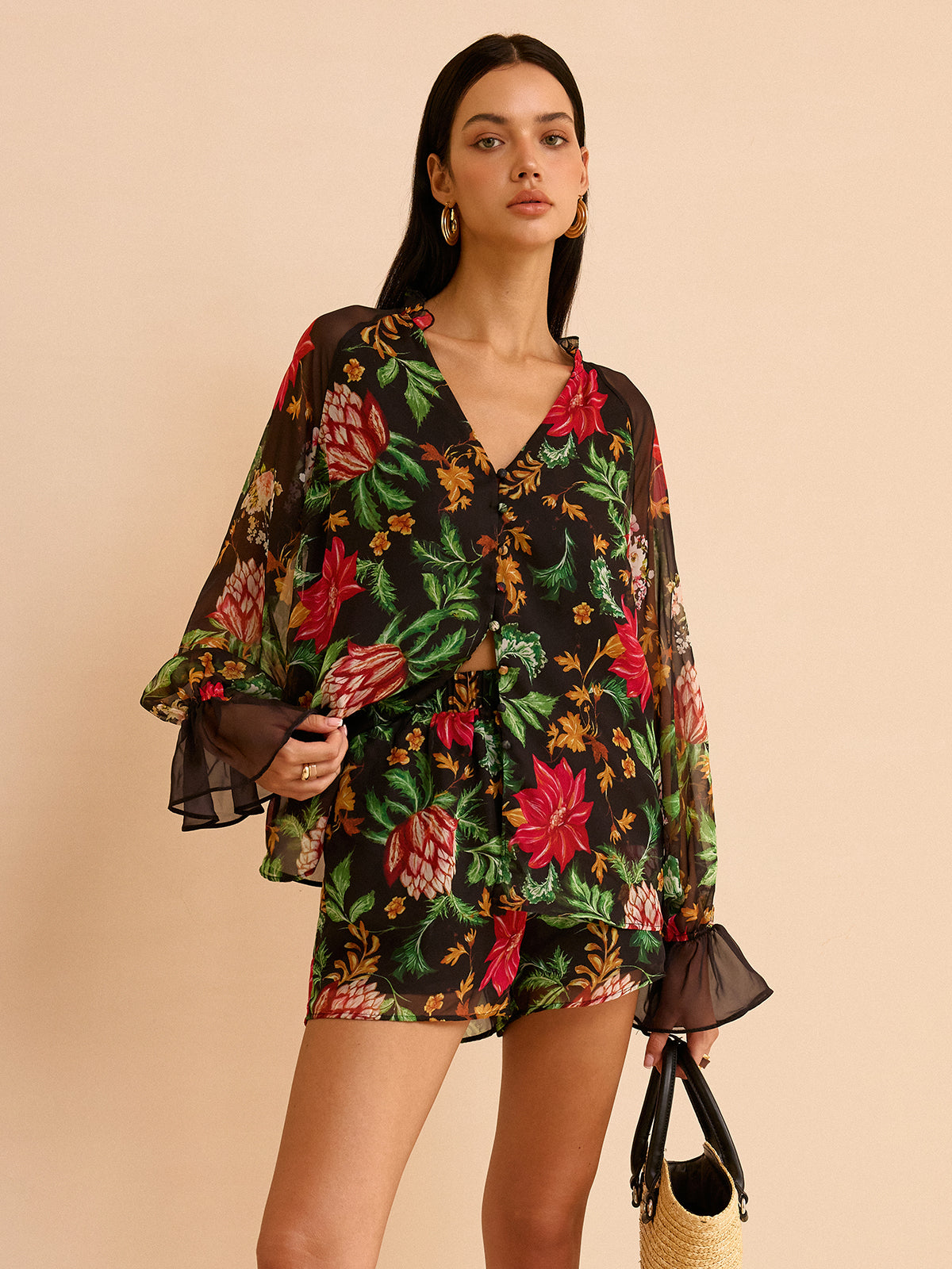 Chiffon Floral Print Blouse-Chicvia
