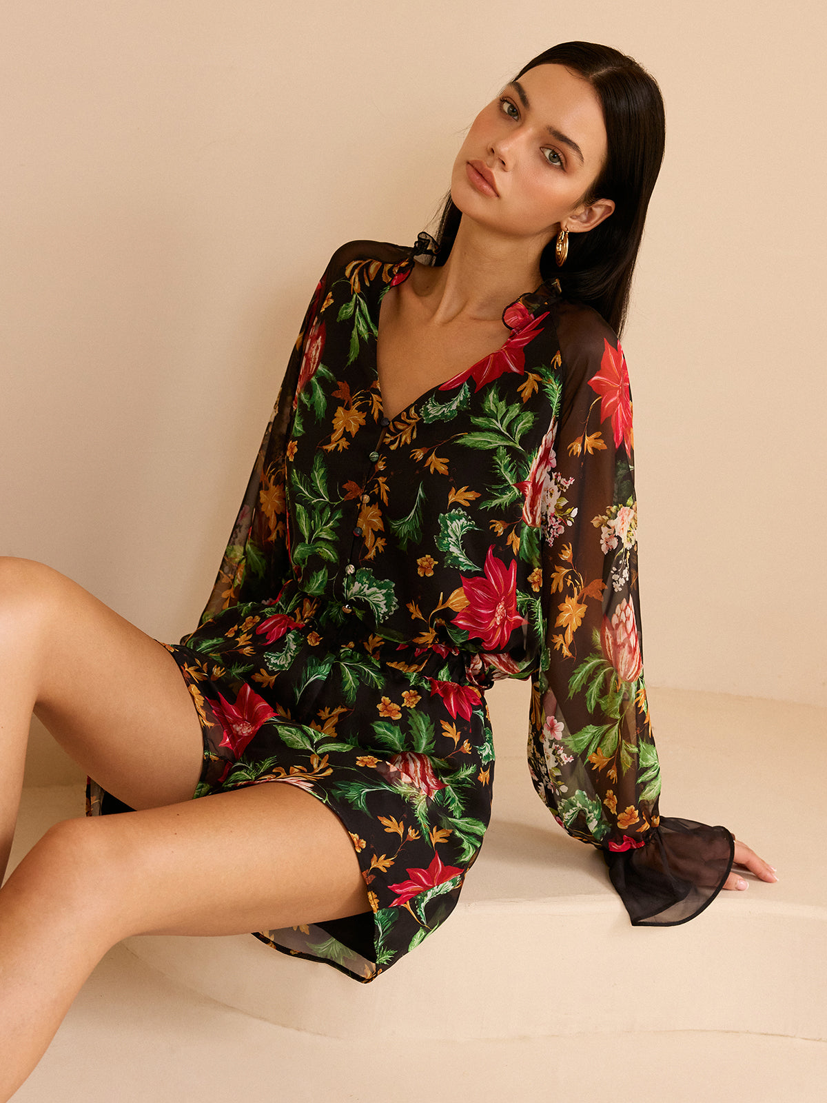 Chiffon Floral Print Blouse-Chicvia