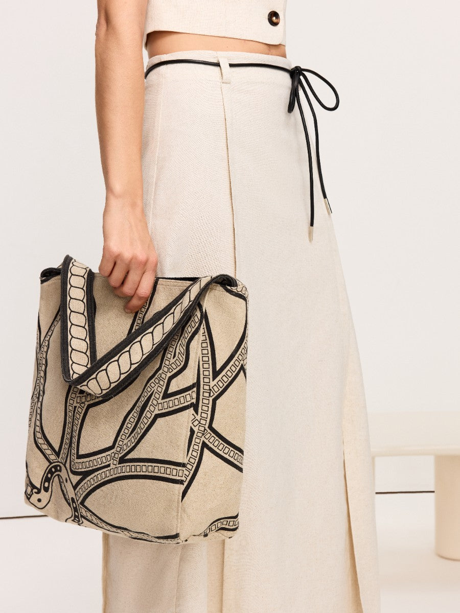 Linen & Cotton Tote Bag with Chain Print-Chicvia