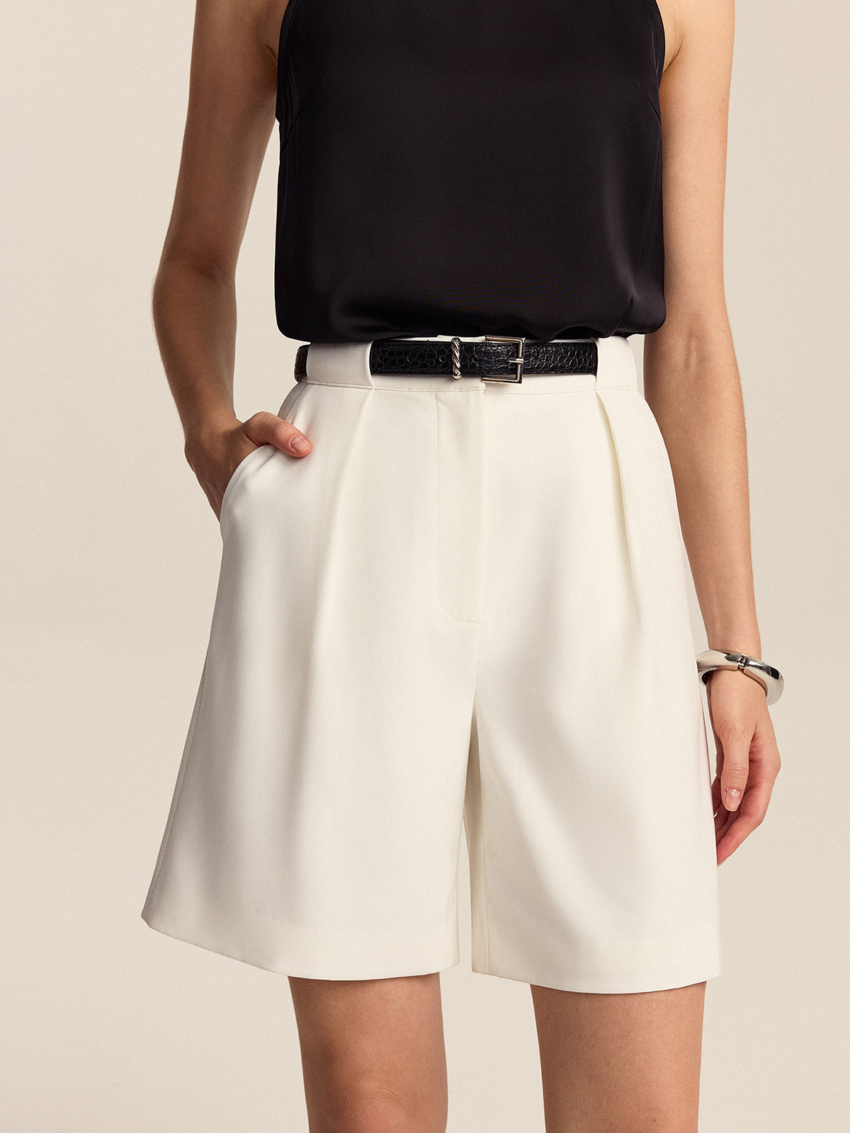 Belted Pleated Mid-Waisted Shorts-Chicvia