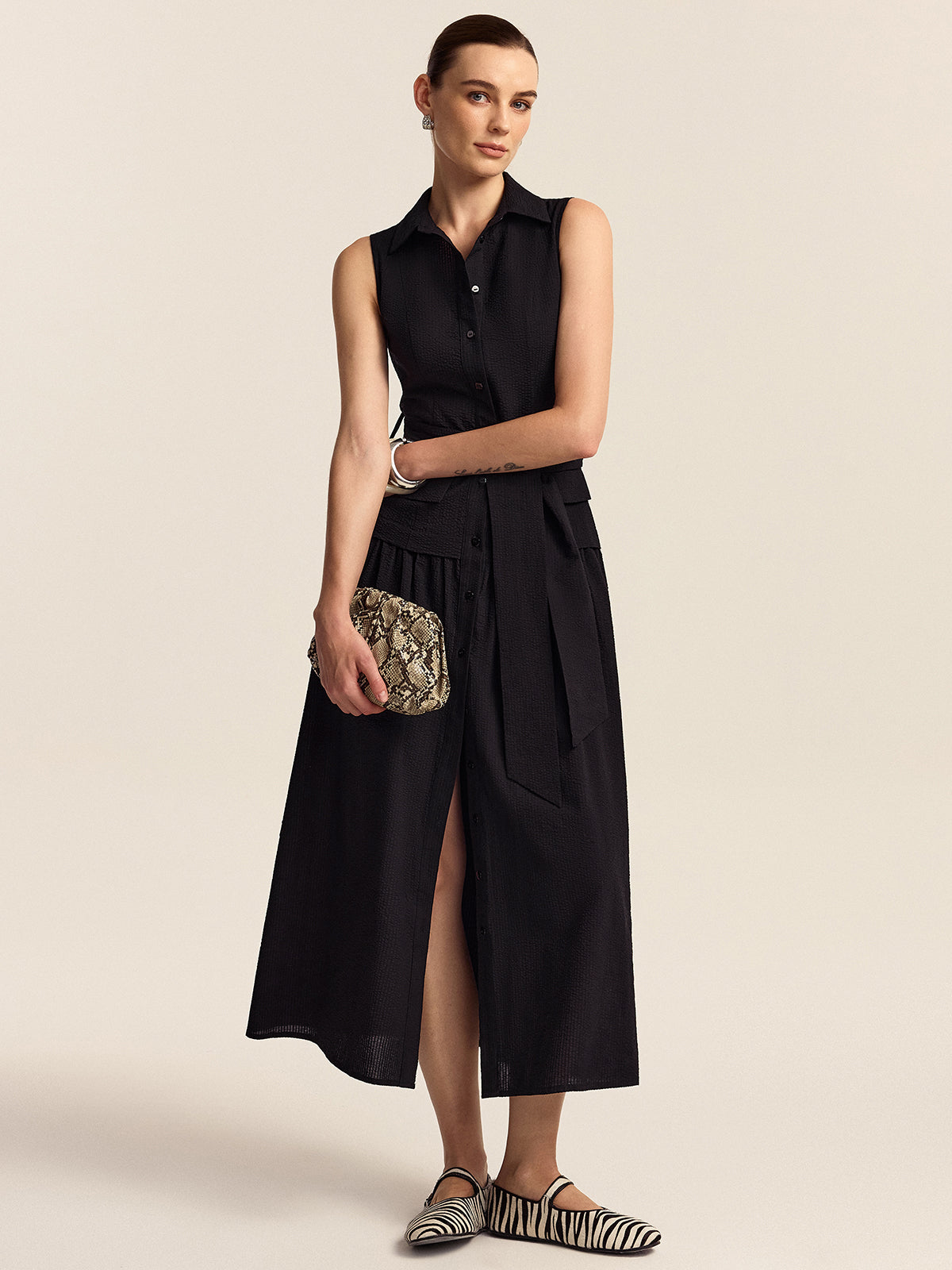 Button-Front Midi Dress with Belt-Chicvia