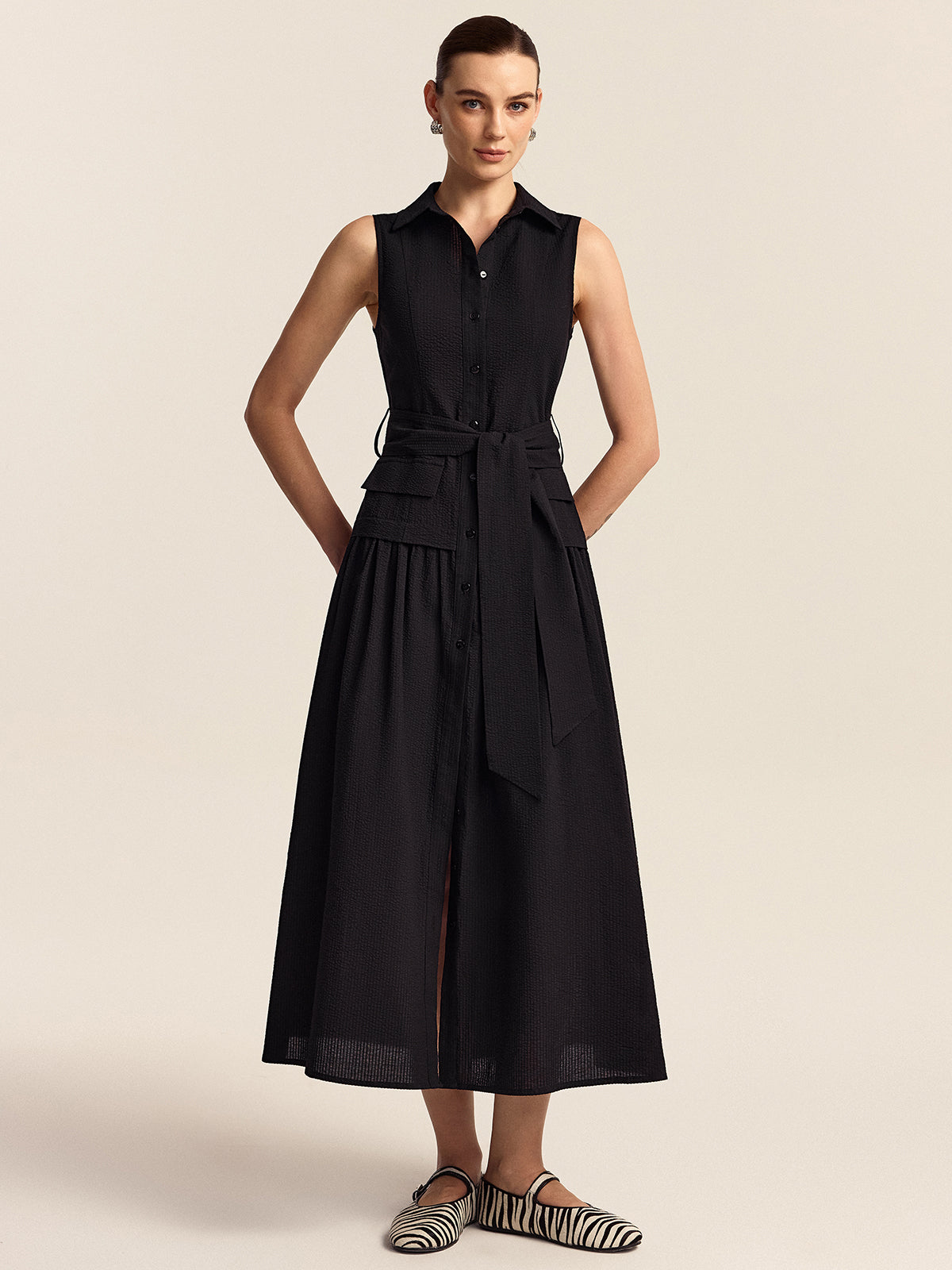 Button-Front Midi Dress with Belt-Chicvia