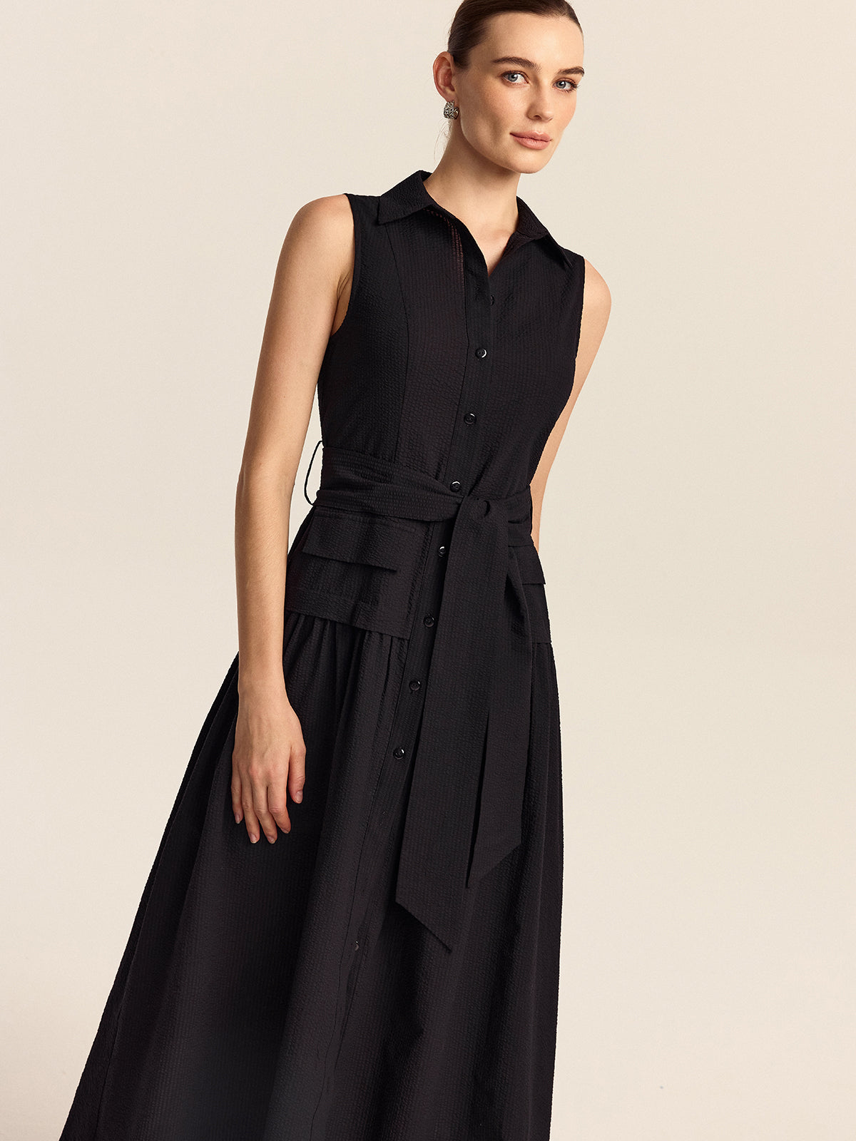 Button-Front Midi Dress with Belt-Chicvia