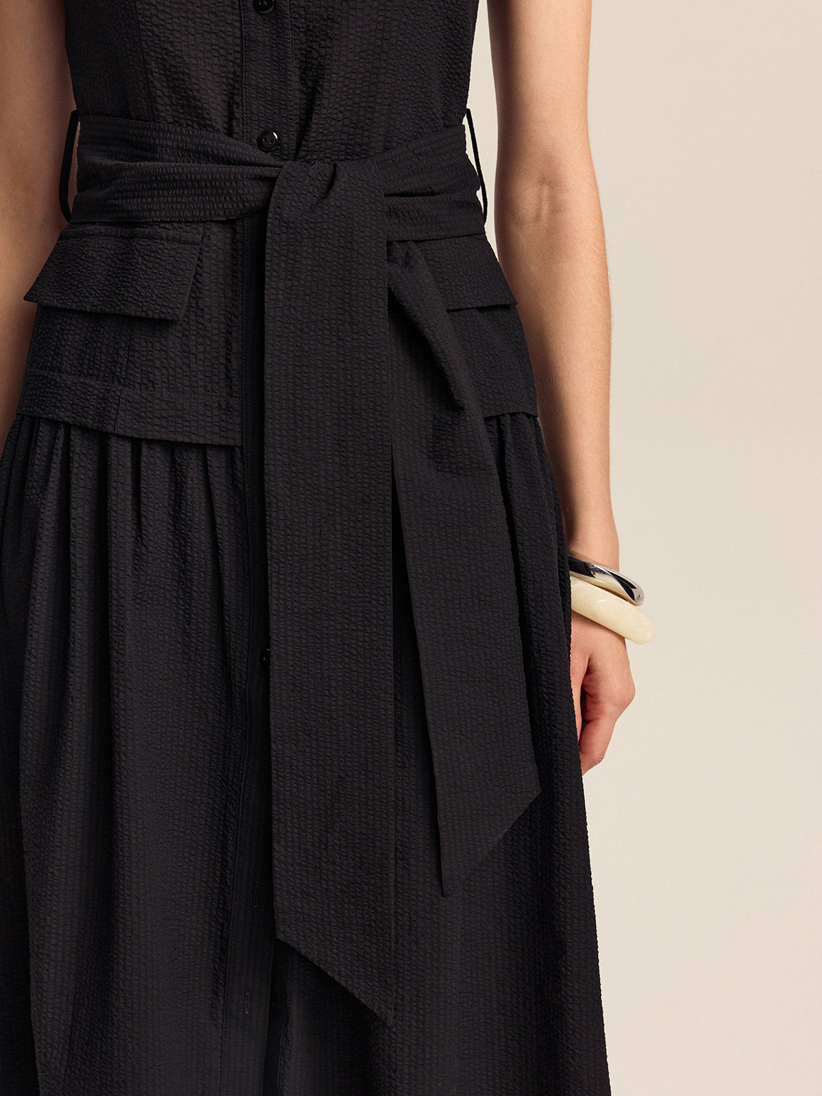 Button-Front Midi Dress with Belt-Chicvia
