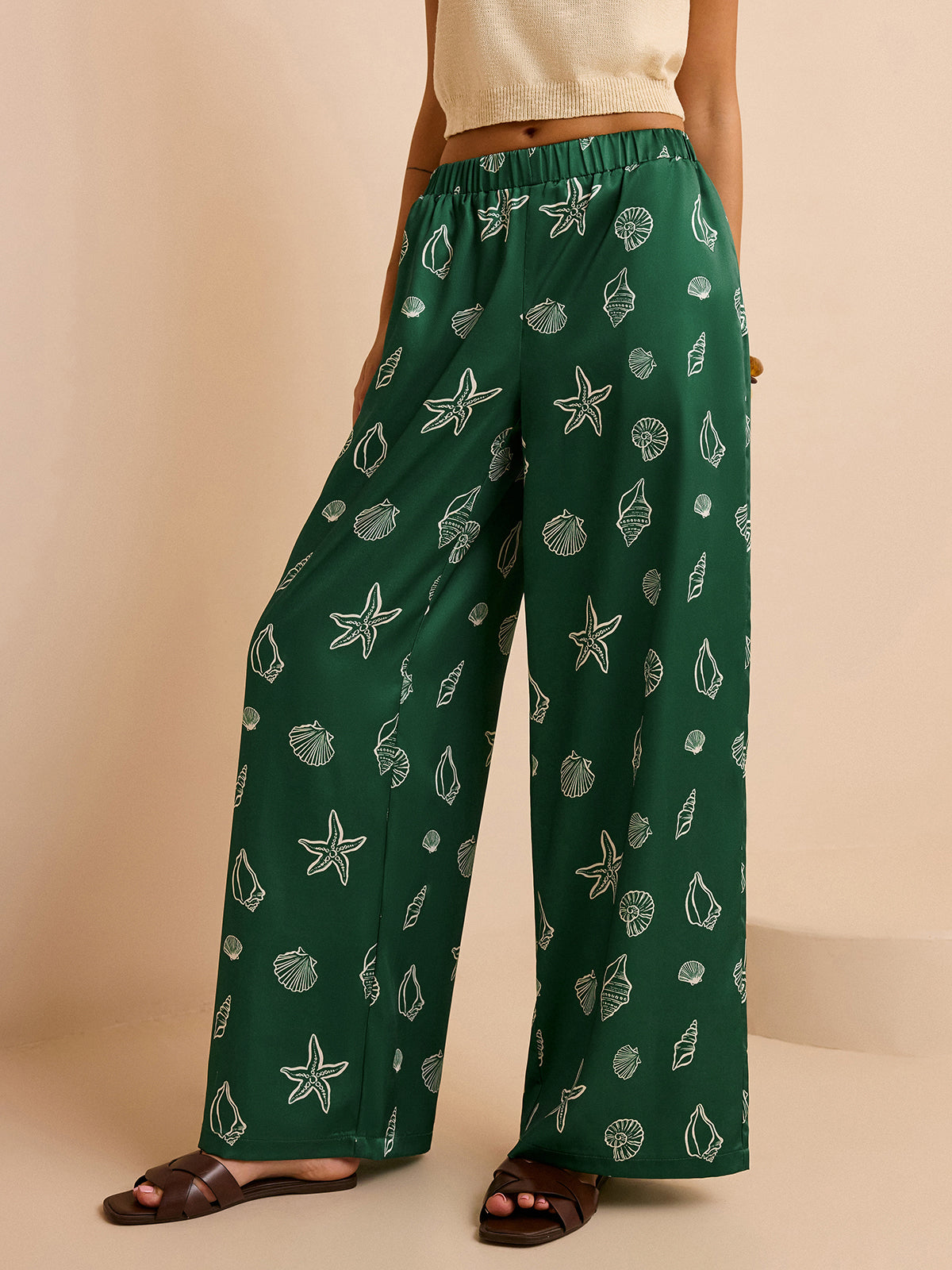 Oversized Mid-Waist Pants with Seashell and Starfish Prints-Chicvia
