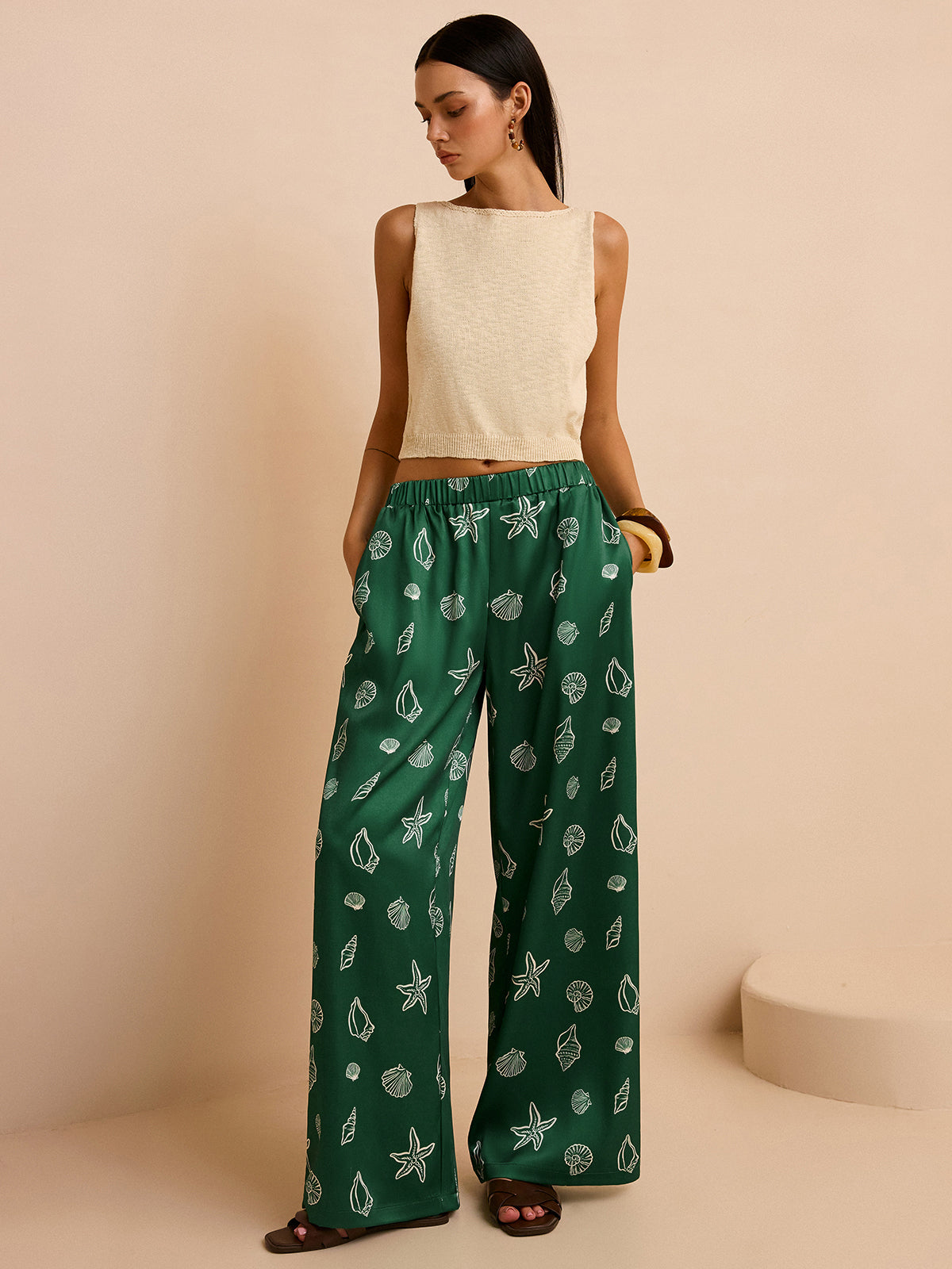 Oversized Mid-Waist Pants with Seashell and Starfish Prints-Chicvia